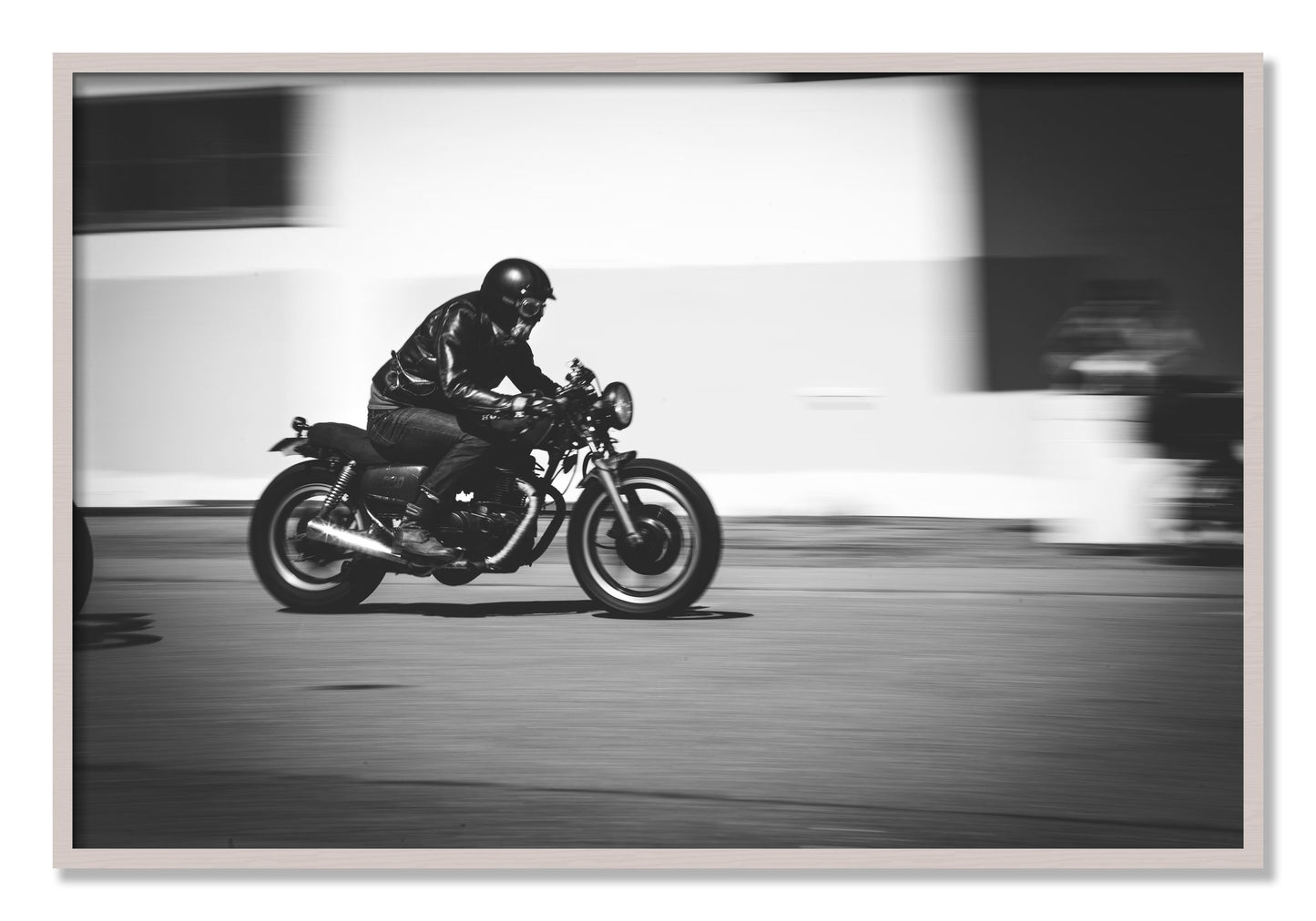 Framed photograph of Moto Blurred by Dylan Ozanich, White Maple frame, Full Bleed