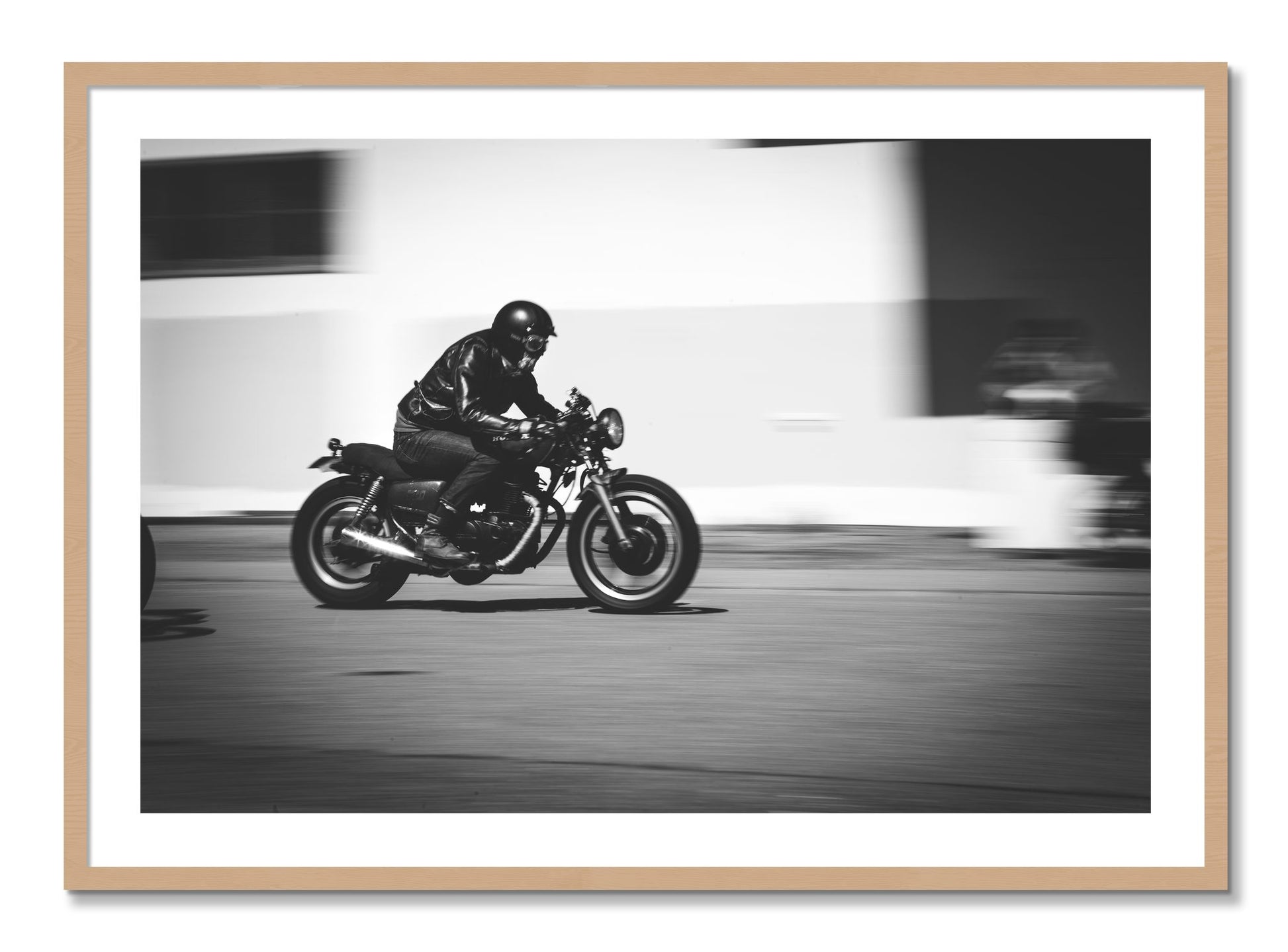 Framed photograph of Moto Blurred by Dylan Ozanich, Oak frame, Borders