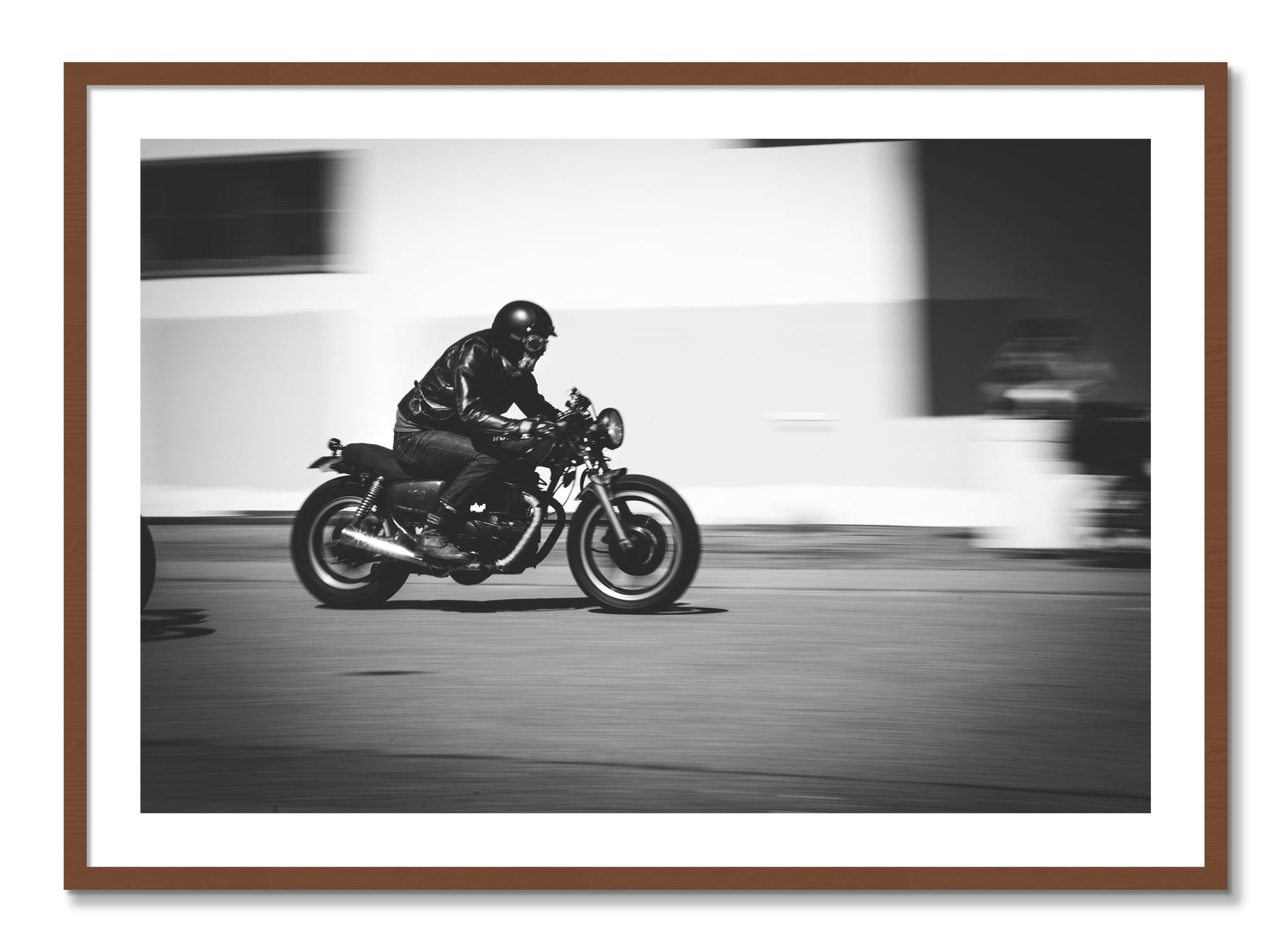 Framed photograph of Moto Blurred by Dylan Ozanich, Walnut frame, Borders