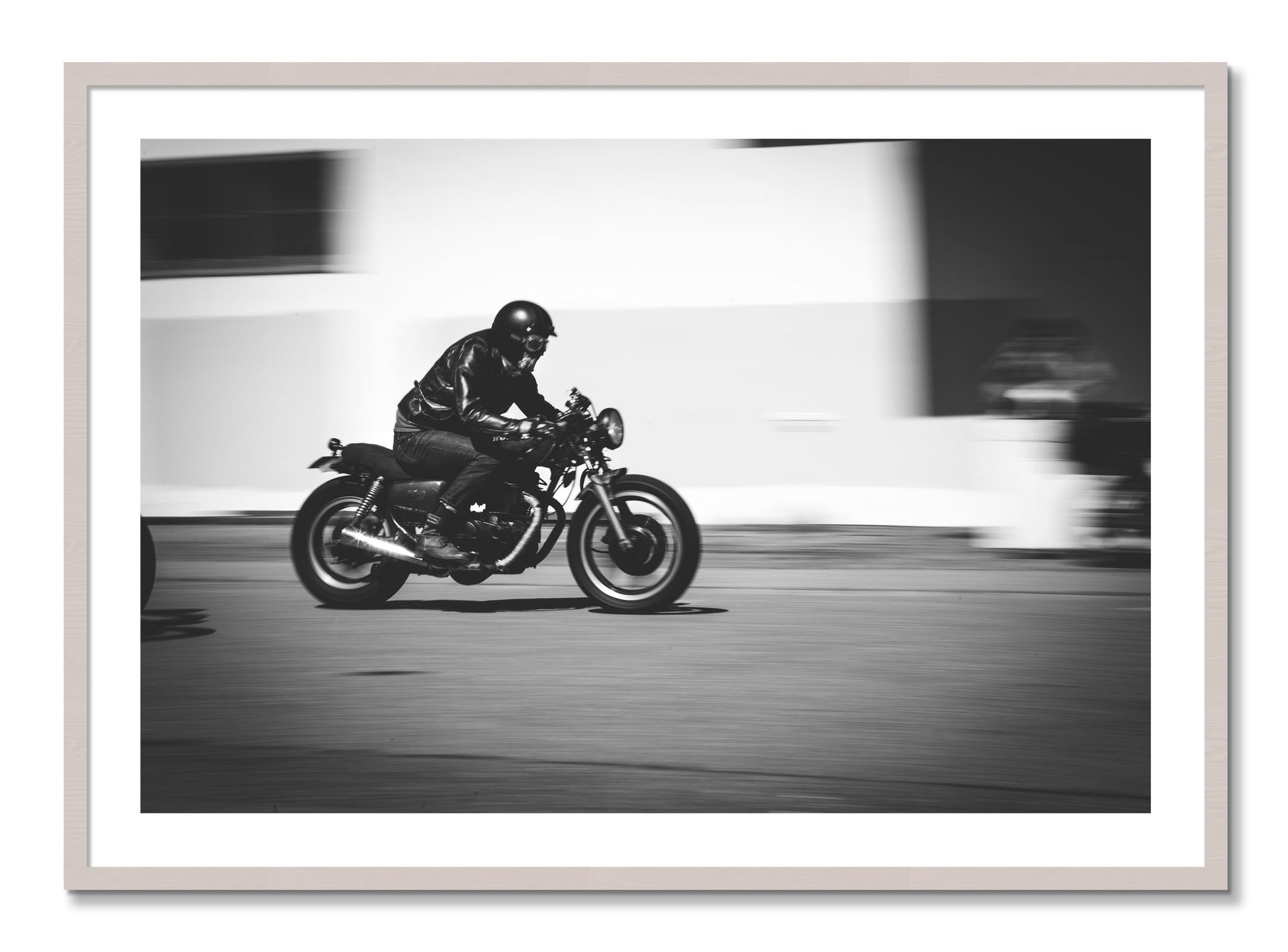Framed photograph of Moto Blurred by Dylan Ozanich, White Maple frame, Borders