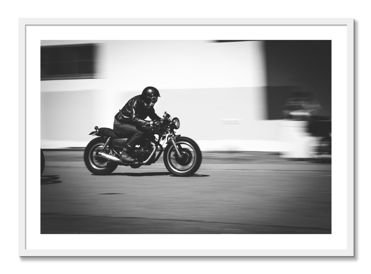 Framed photograph of Moto Blurred by Dylan Ozanich, White frame, Borders