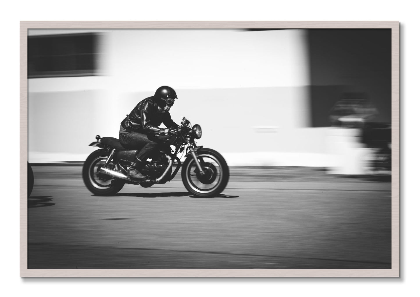 Framed photograph of Moto Blurred by Dylan Ozanich, White Maple frame, Full Bleed