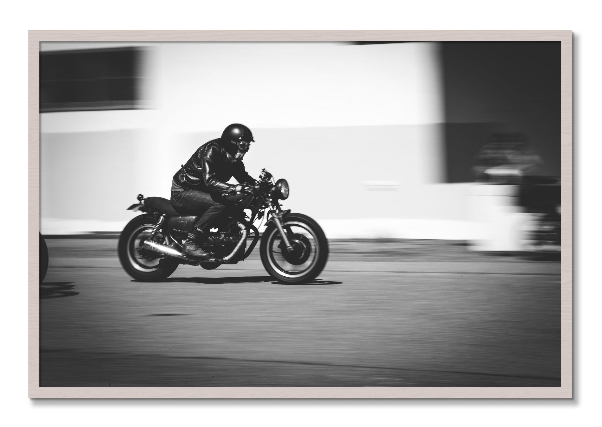 Framed photograph of Moto Blurred by Dylan Ozanich, White Maple frame, Full Bleed