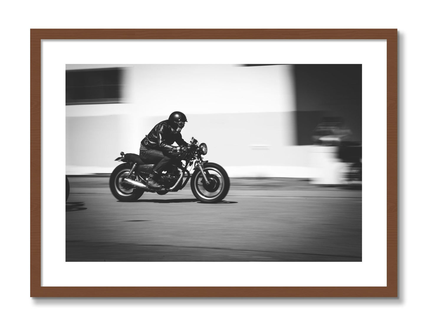 Framed photograph of Moto Blurred by Dylan Ozanich, Walnut frame, Borders