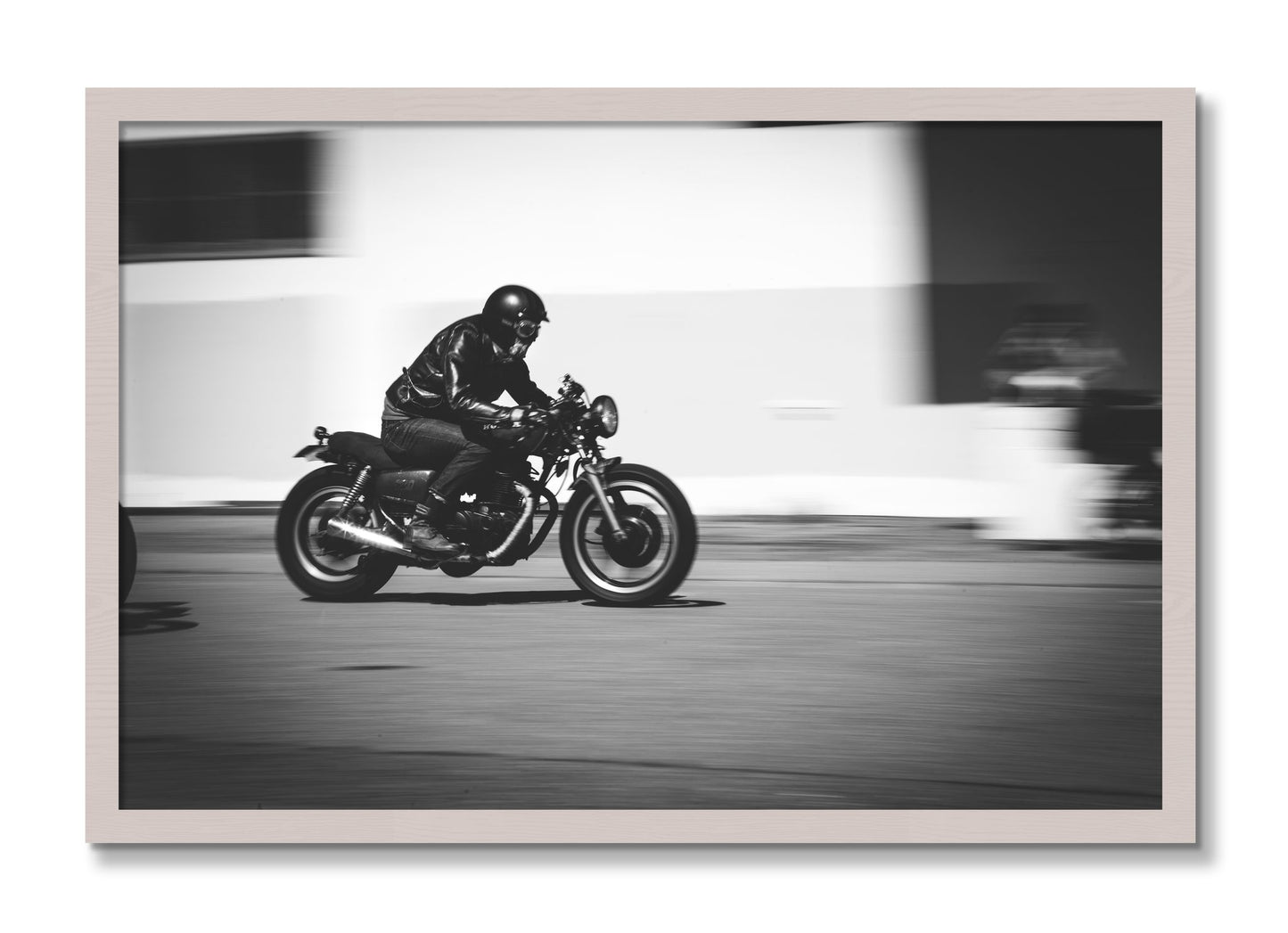 Framed photograph of Moto Blurred by Dylan Ozanich, White Maple frame, Full Bleed