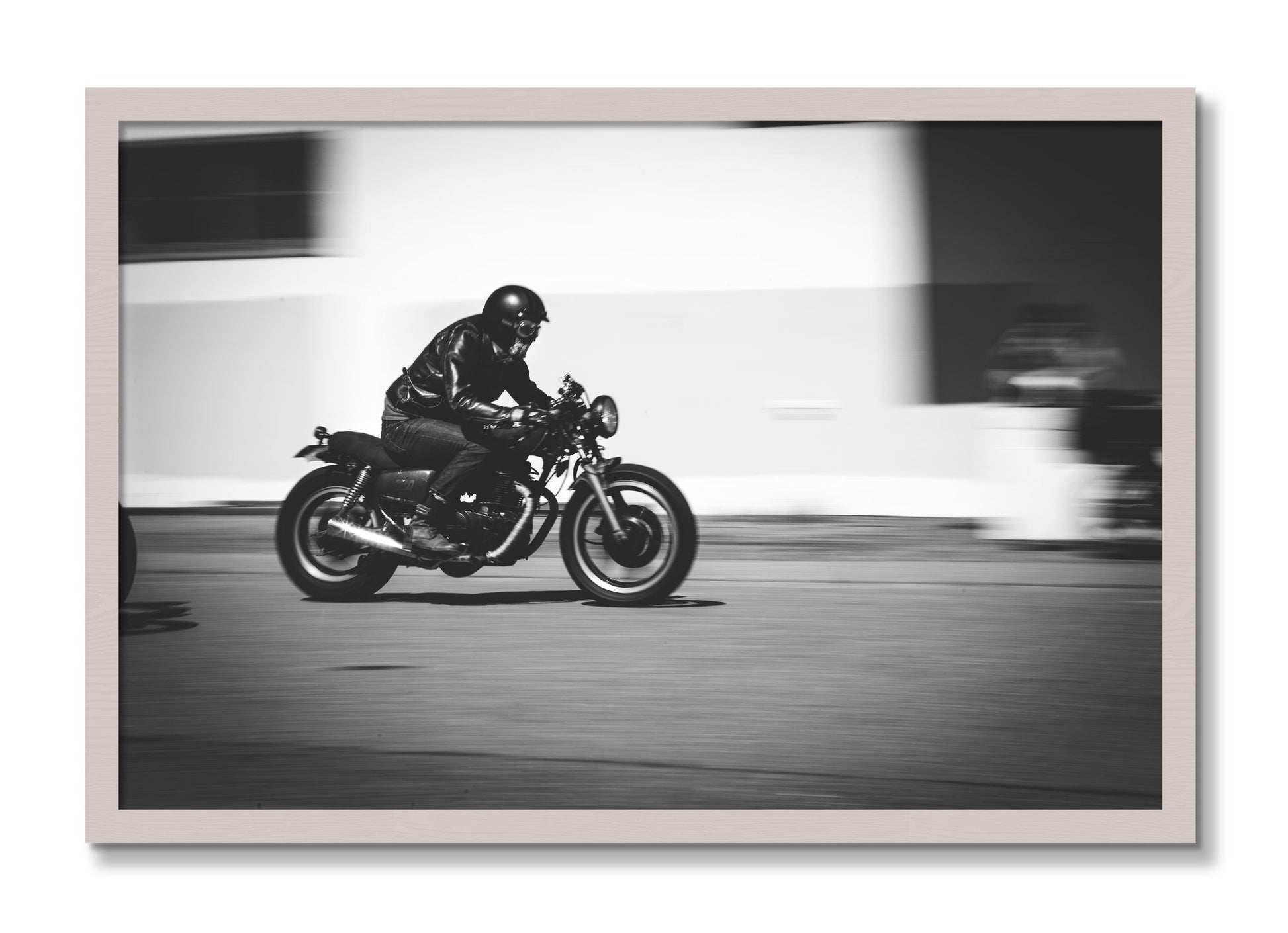 Framed photograph of Moto Blurred by Dylan Ozanich, White Maple frame, Full Bleed
