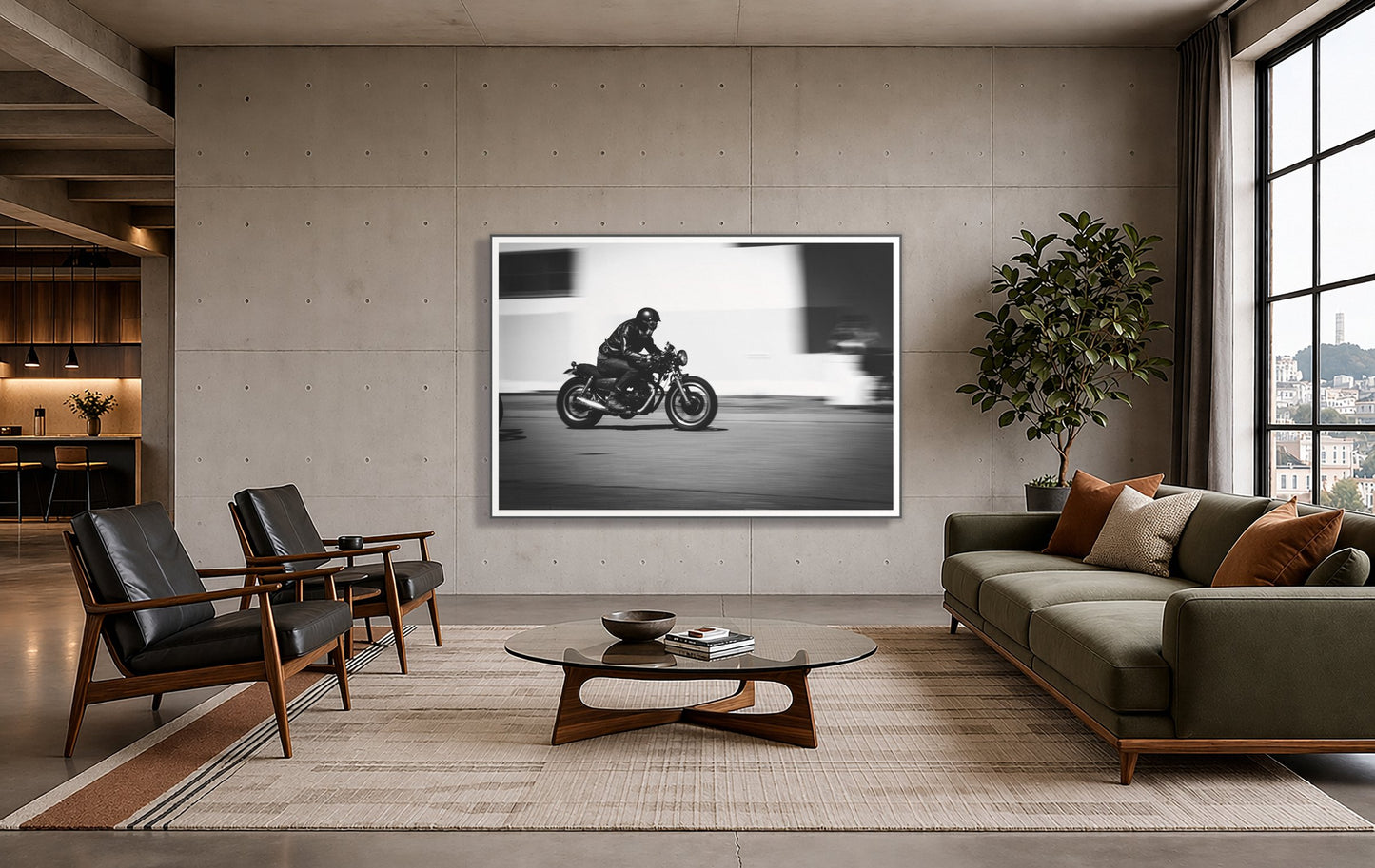 Moto Blurred by Dylan Ozanich in a Grey frame, on a poured-concrete wall in an industrial loft with a city view