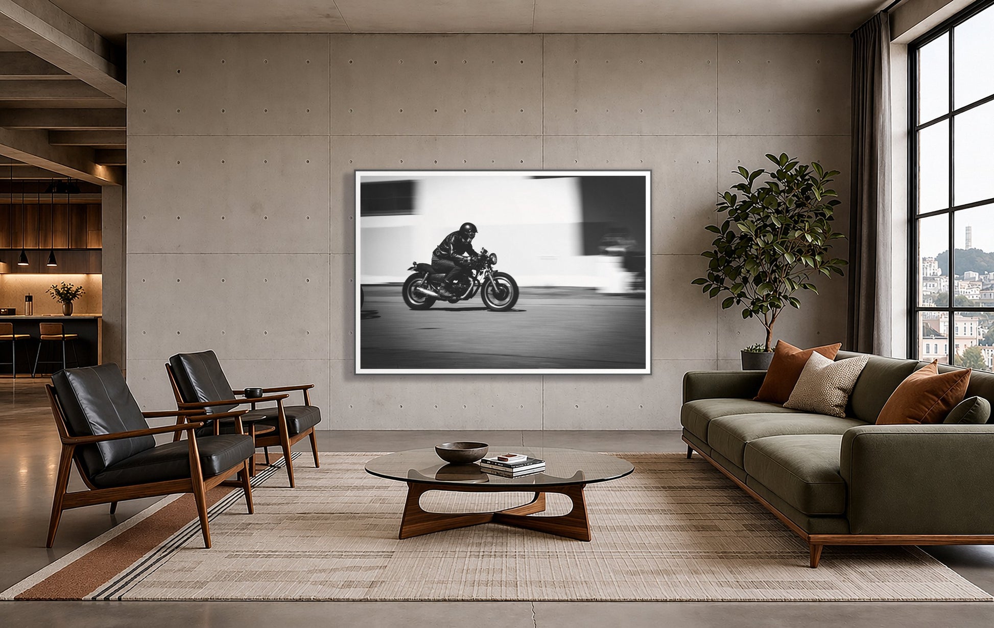 Moto Blurred by Dylan Ozanich in a Grey frame, on a poured-concrete wall in an industrial loft with a city view