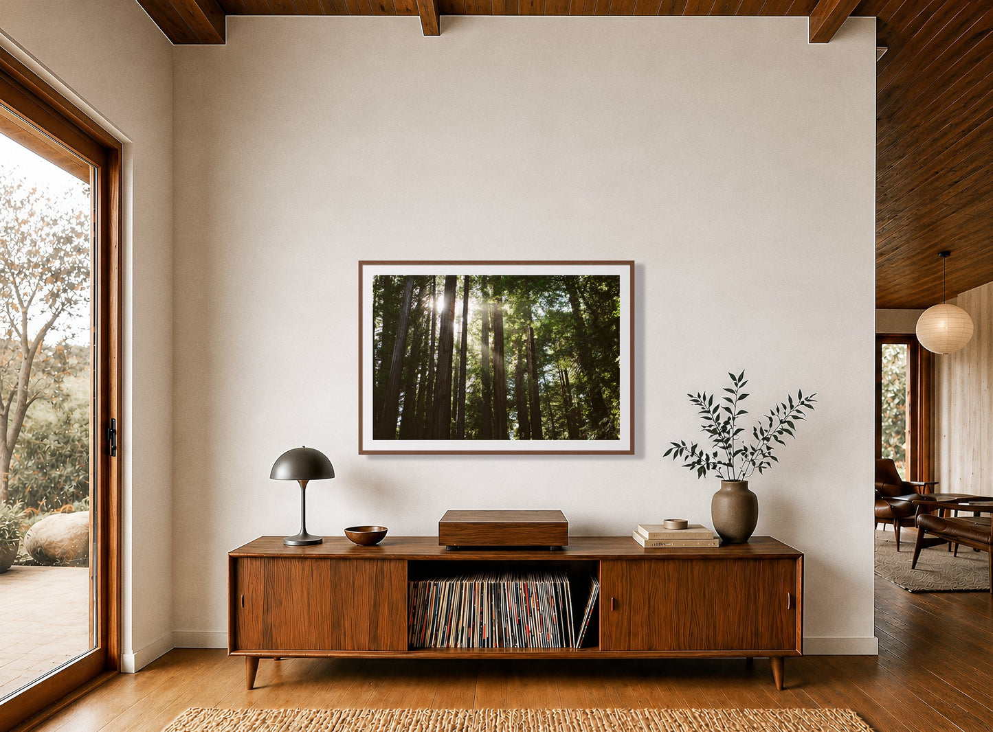 Framed photograph of Muir Woods by Dylan Ozanich displayed on a wall