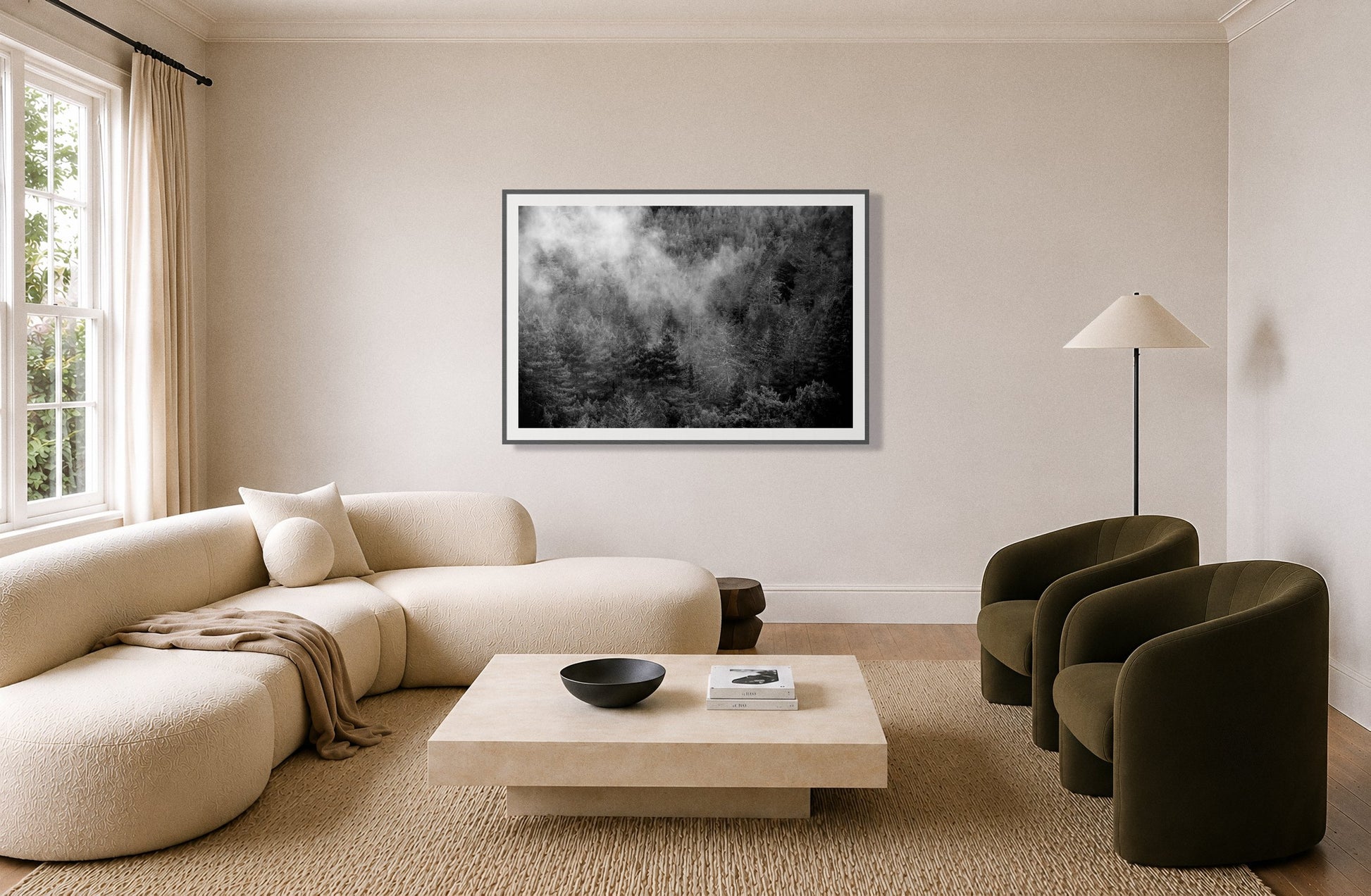 Framed photograph of Muir by Dylan Ozanich displayed on a wall