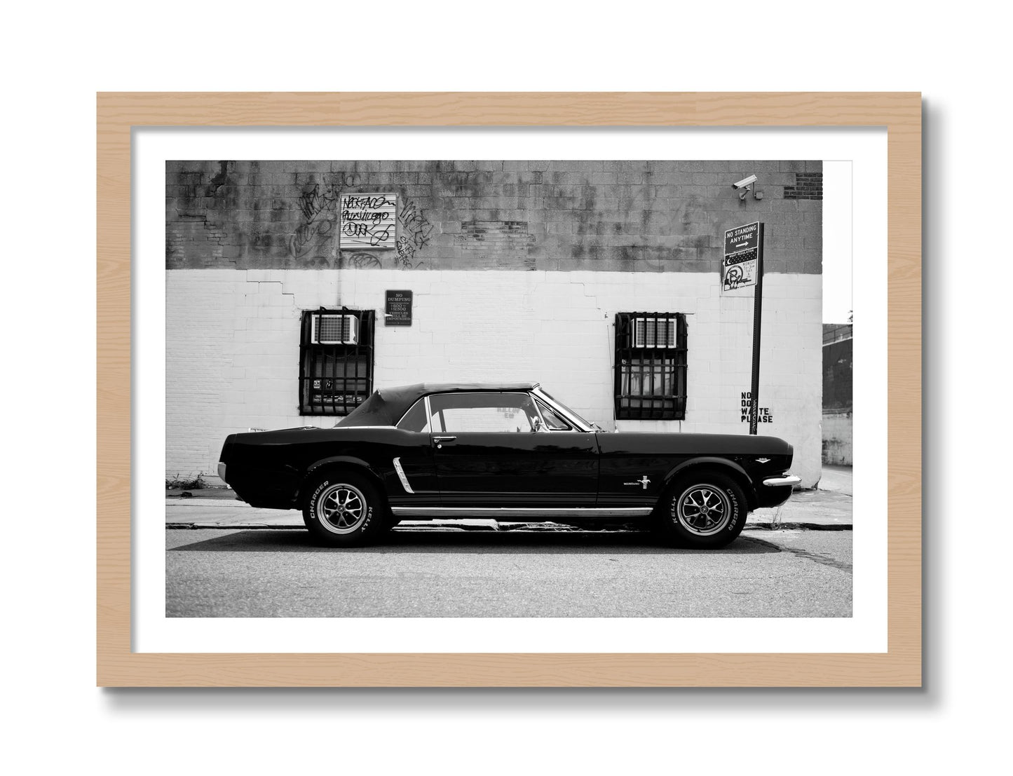 Framed photograph of Mustang by Dylan Ozanich, Oak frame, Borders