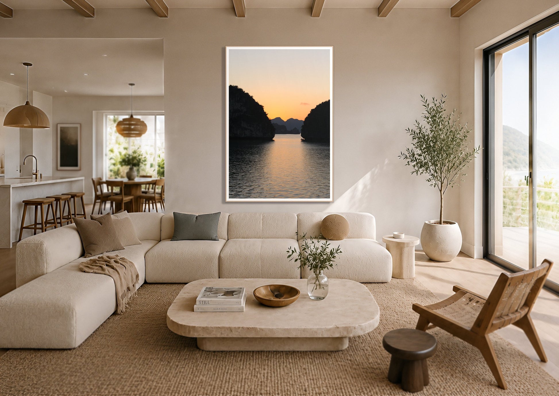 Narrow Passage by Dylan Ozanich in an Oak frame, above a cream sectional in a coastal living room with an ocean view