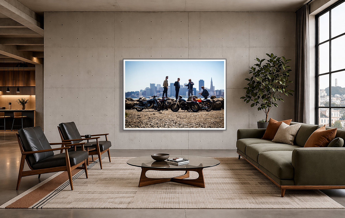 Never Fast Enough by Dylan Ozanich in a Grey frame, on a poured-concrete wall in an industrial loft with a city view