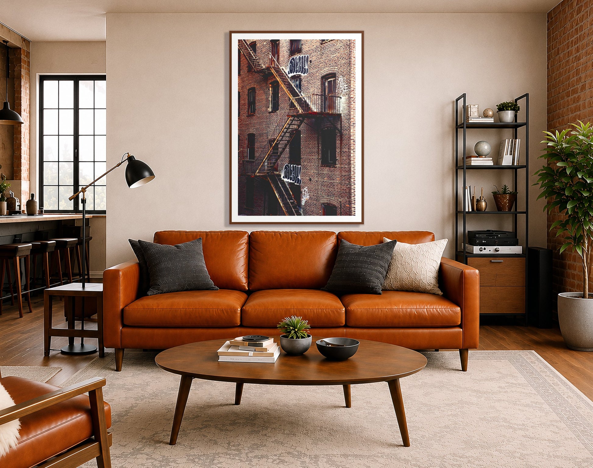 New York City Style by Dylan Ozanich in a Walnut frame, above a cognac leather sofa in a brick loft