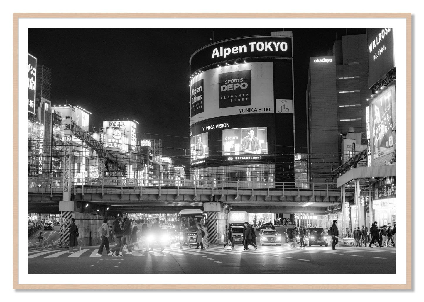Night In Tokyo by Dylan Ozanich, 48×72 print with a White Border in a Maple frame