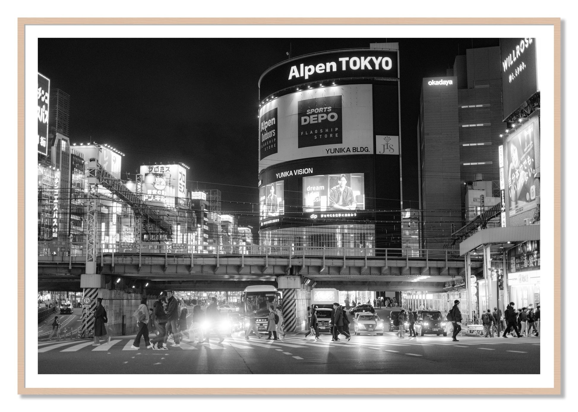 Night In Tokyo by Dylan Ozanich, 48×72 print with a White Border in a Maple frame