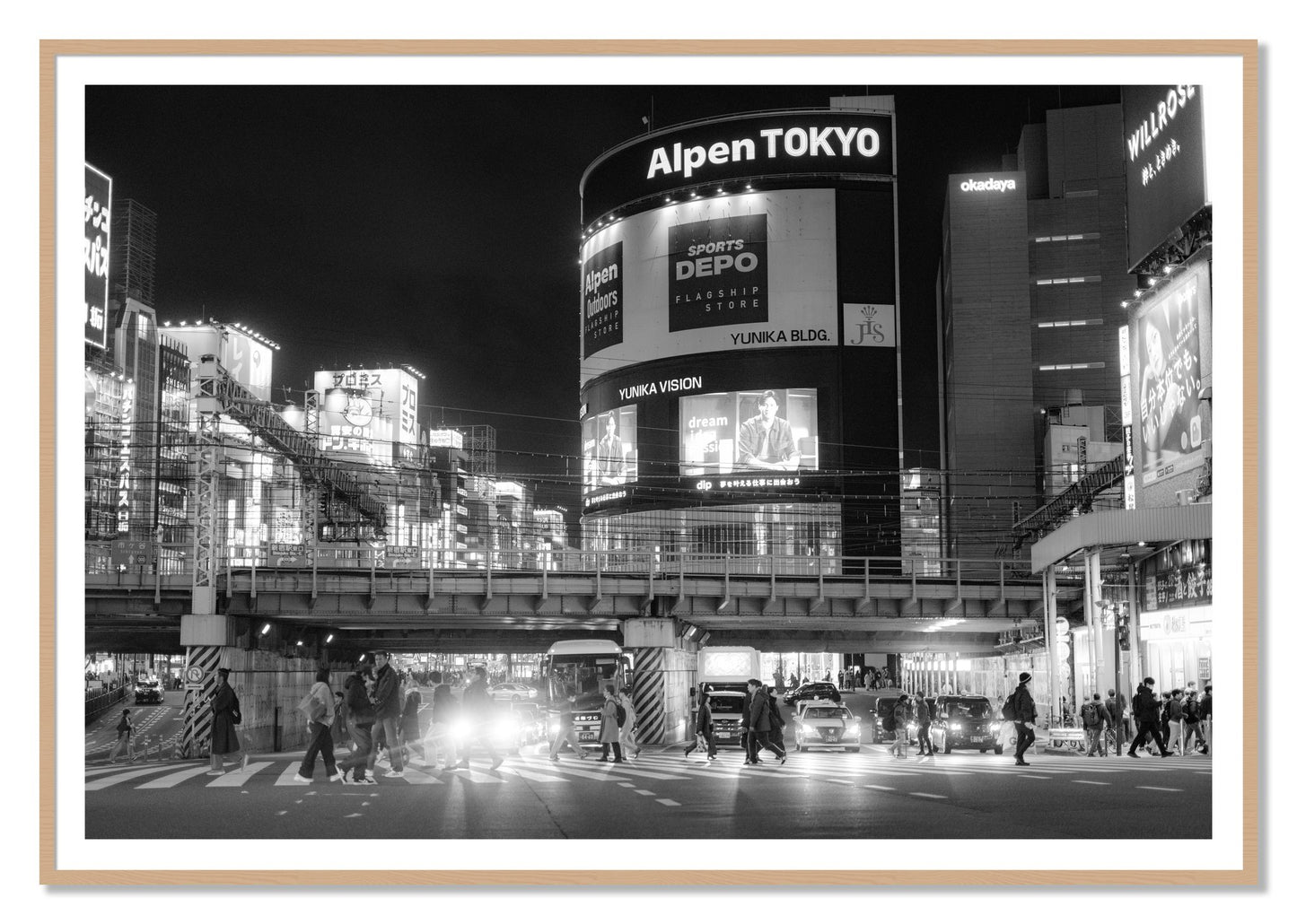 Night In Tokyo by Dylan Ozanich, 48×72 print with a White Border in an Oak frame