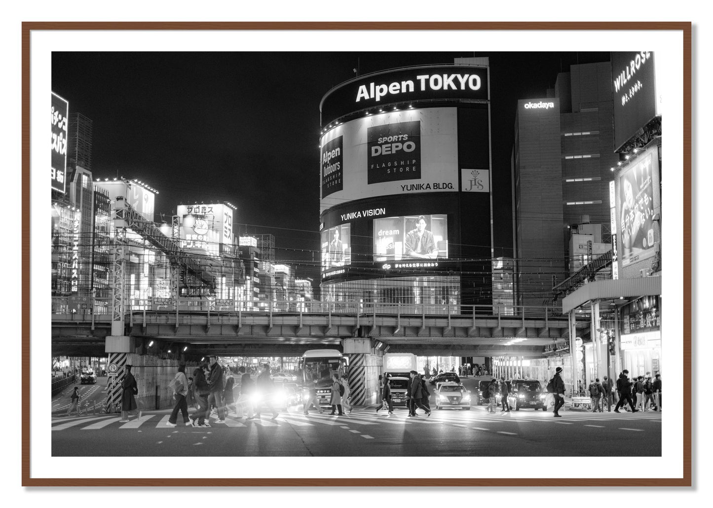 Framed photograph of Night In Tokyo by Dylan Ozanich, Walnut frame, Borders
