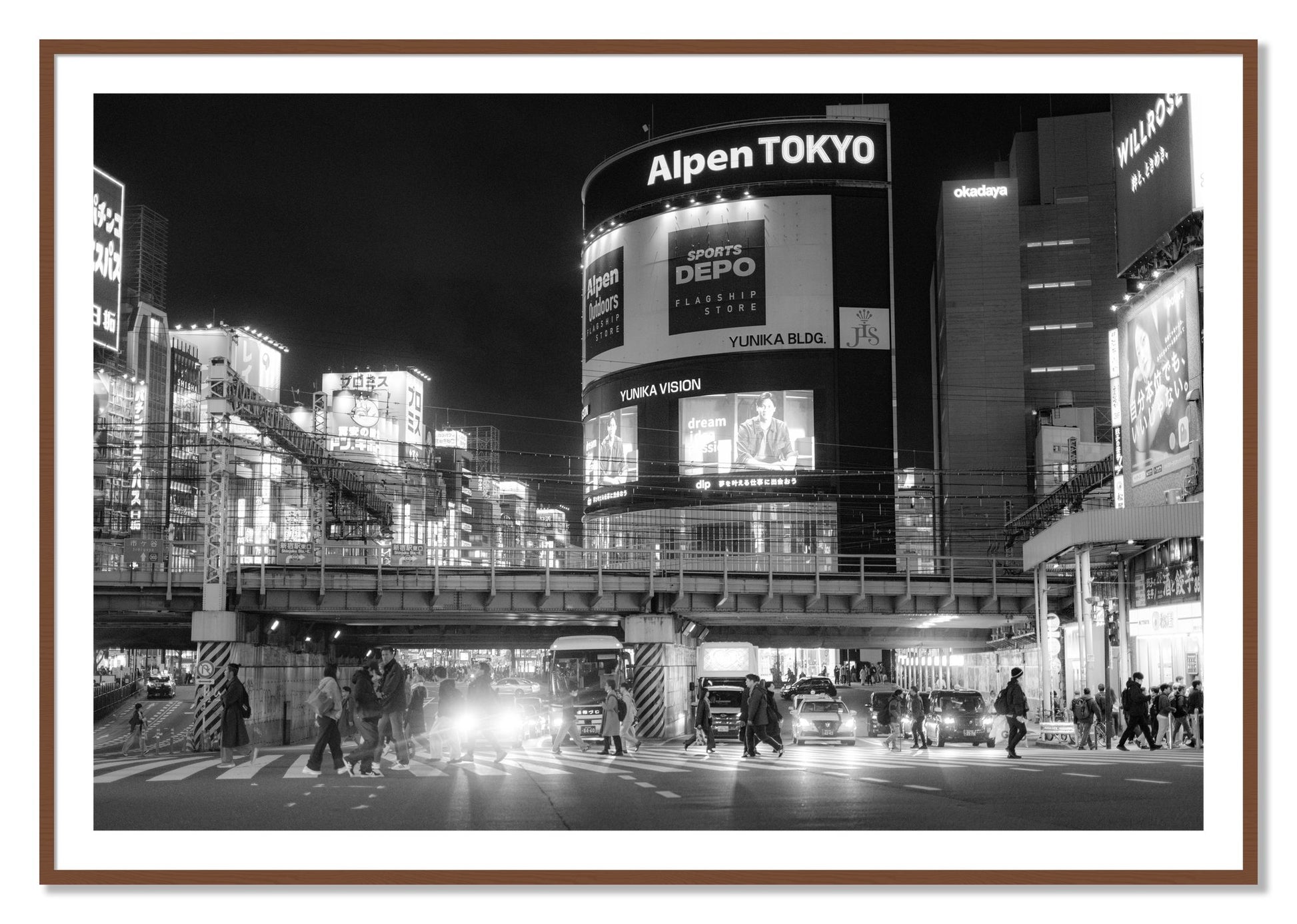 Framed photograph of Night In Tokyo by Dylan Ozanich, Walnut frame, Borders
