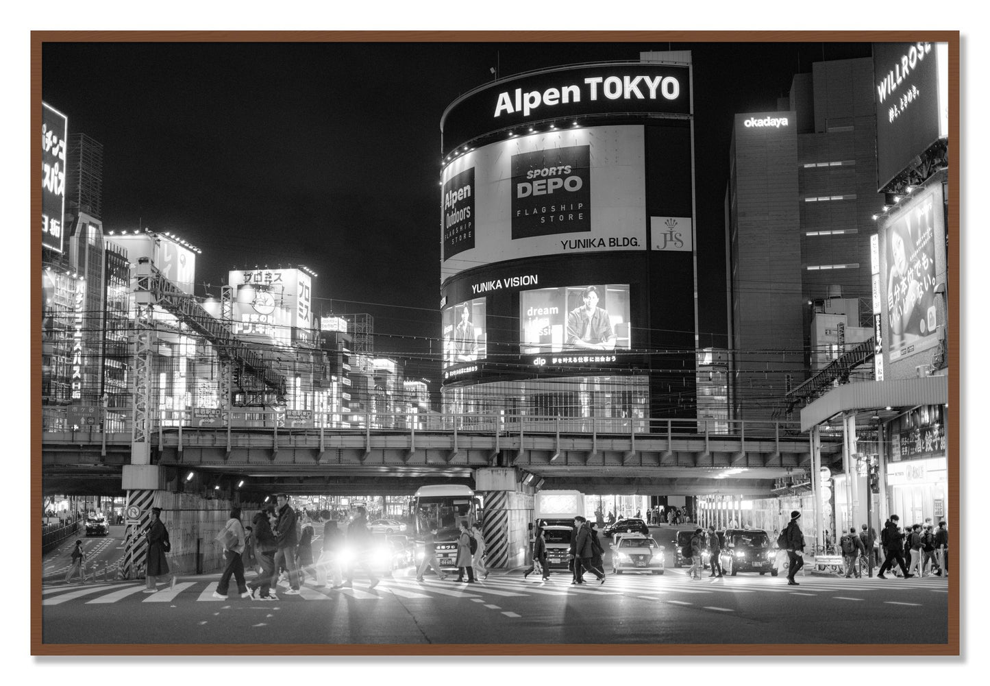 Framed photograph of Night In Tokyo by Dylan Ozanich, Walnut frame, Full Bleed