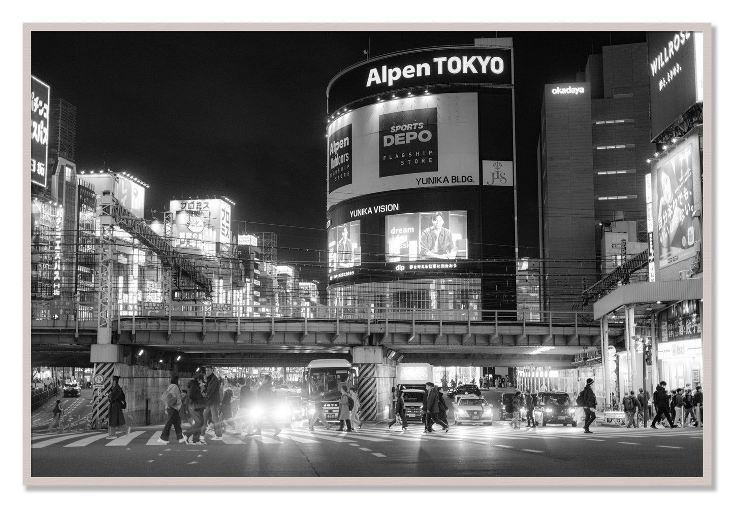 Framed photograph of Night In Tokyo by Dylan Ozanich, White Maple frame, Full Bleed