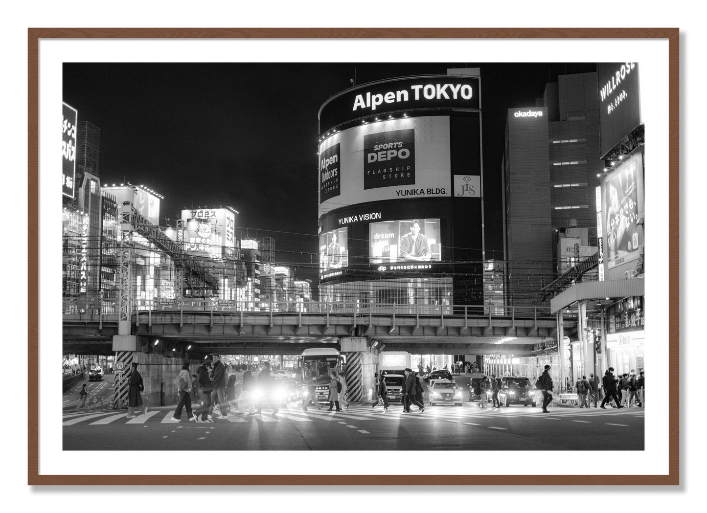 Framed photograph of Night In Tokyo by Dylan Ozanich, Walnut frame, Borders