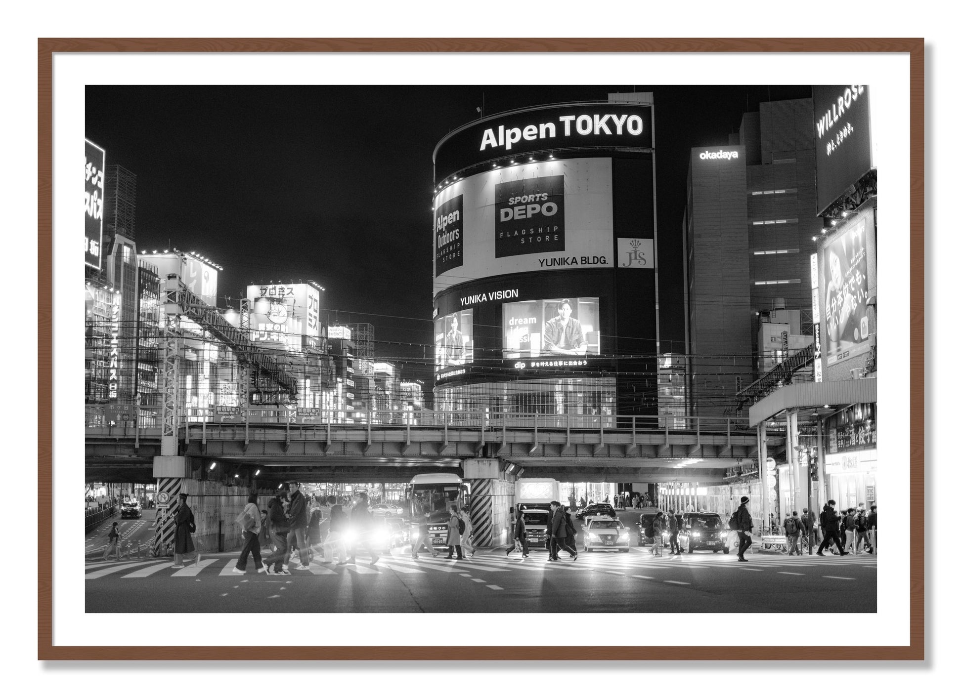 Framed photograph of Night In Tokyo by Dylan Ozanich, Walnut frame, Borders