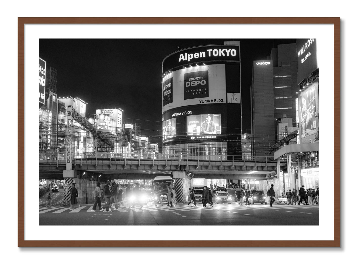Framed photograph of Night In Tokyo by Dylan Ozanich, Walnut frame, Borders