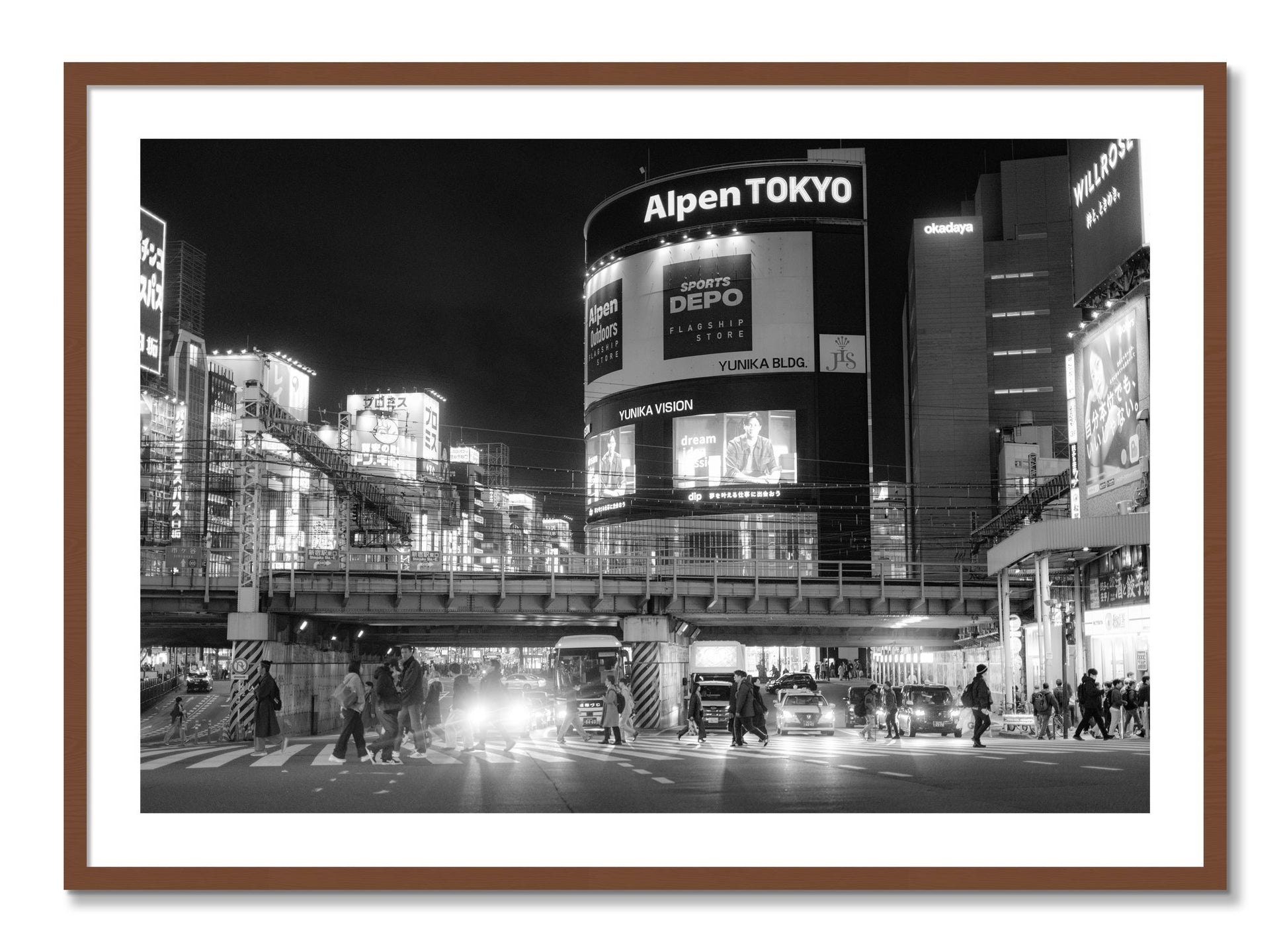 Framed photograph of Night In Tokyo by Dylan Ozanich, Walnut frame, Borders