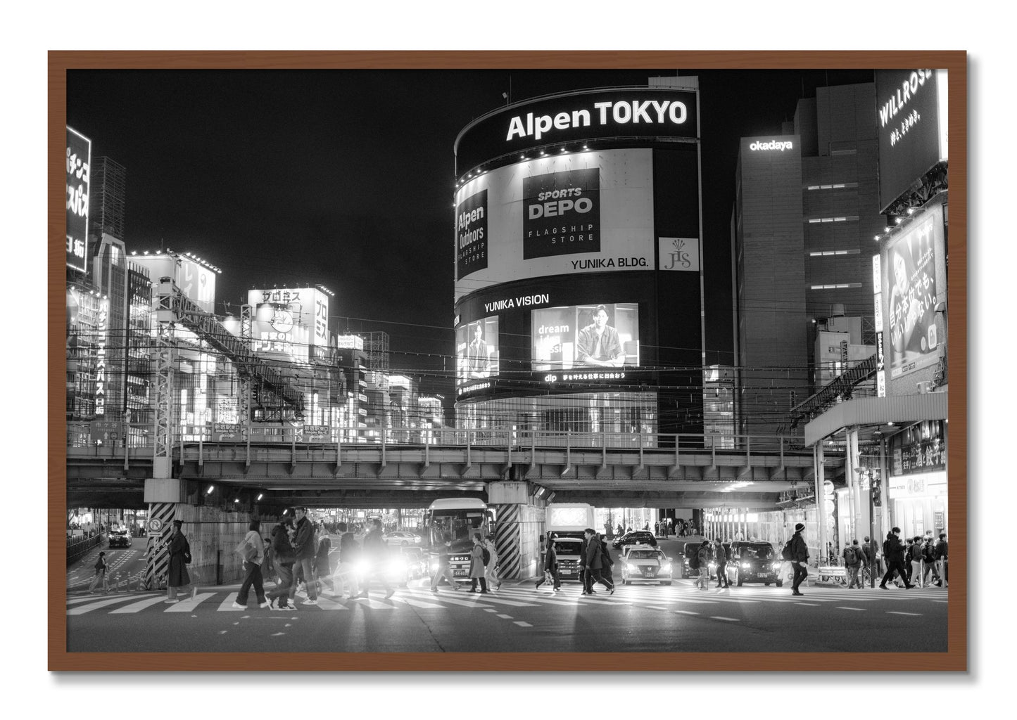 Framed photograph of Night In Tokyo by Dylan Ozanich, Walnut frame, Full Bleed