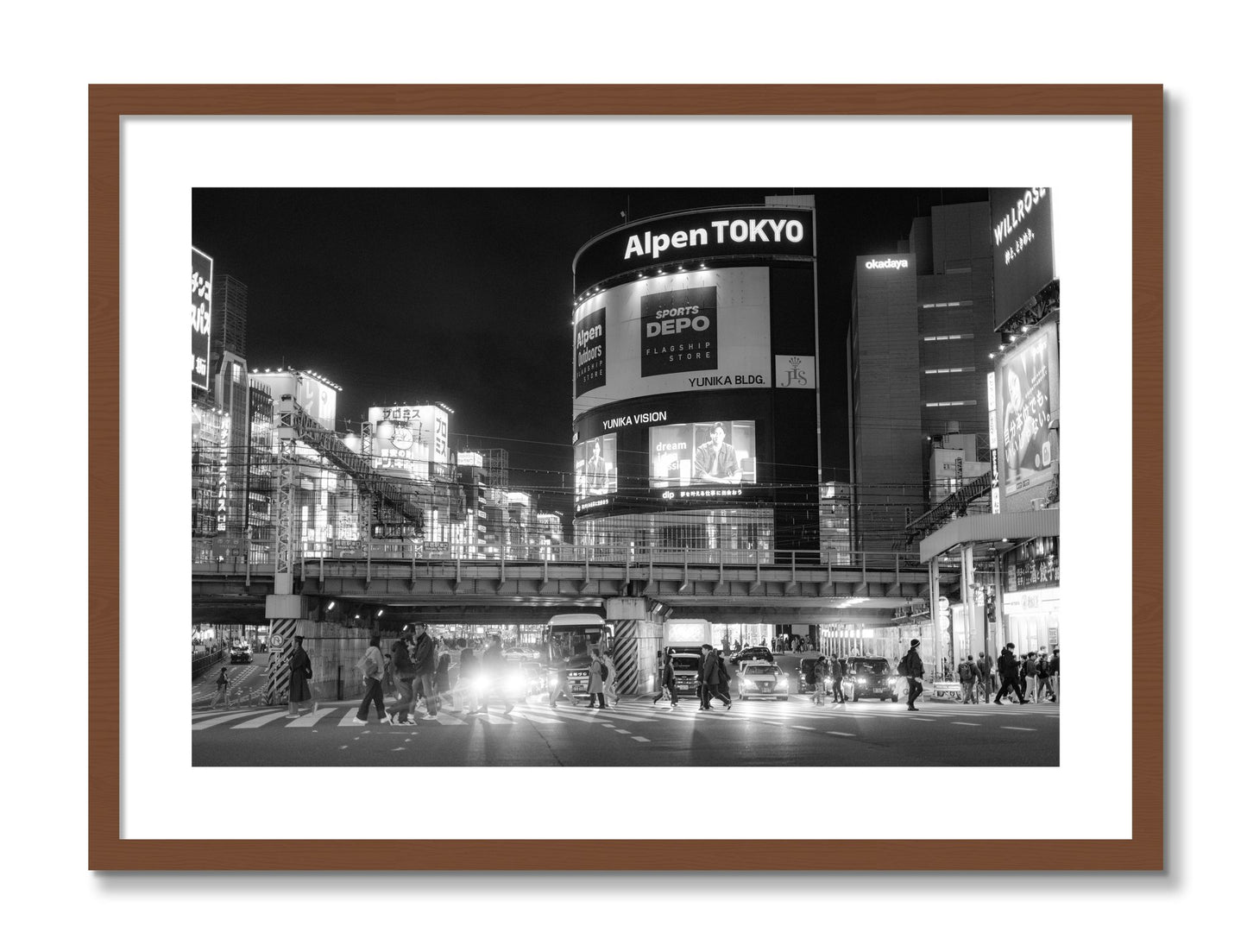 Framed photograph of Night In Tokyo by Dylan Ozanich, Walnut frame, Borders