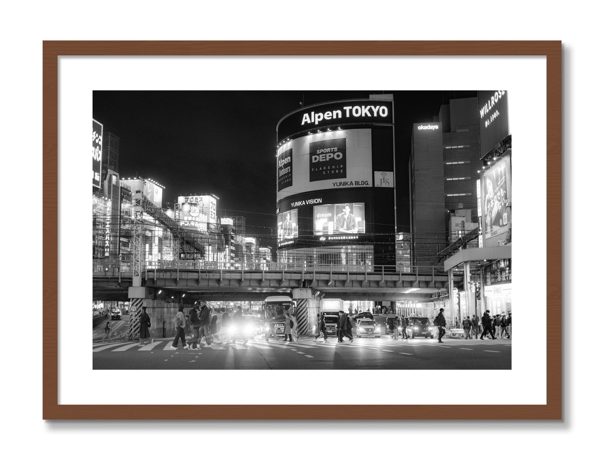 Framed photograph of Night In Tokyo by Dylan Ozanich, Walnut frame, Borders
