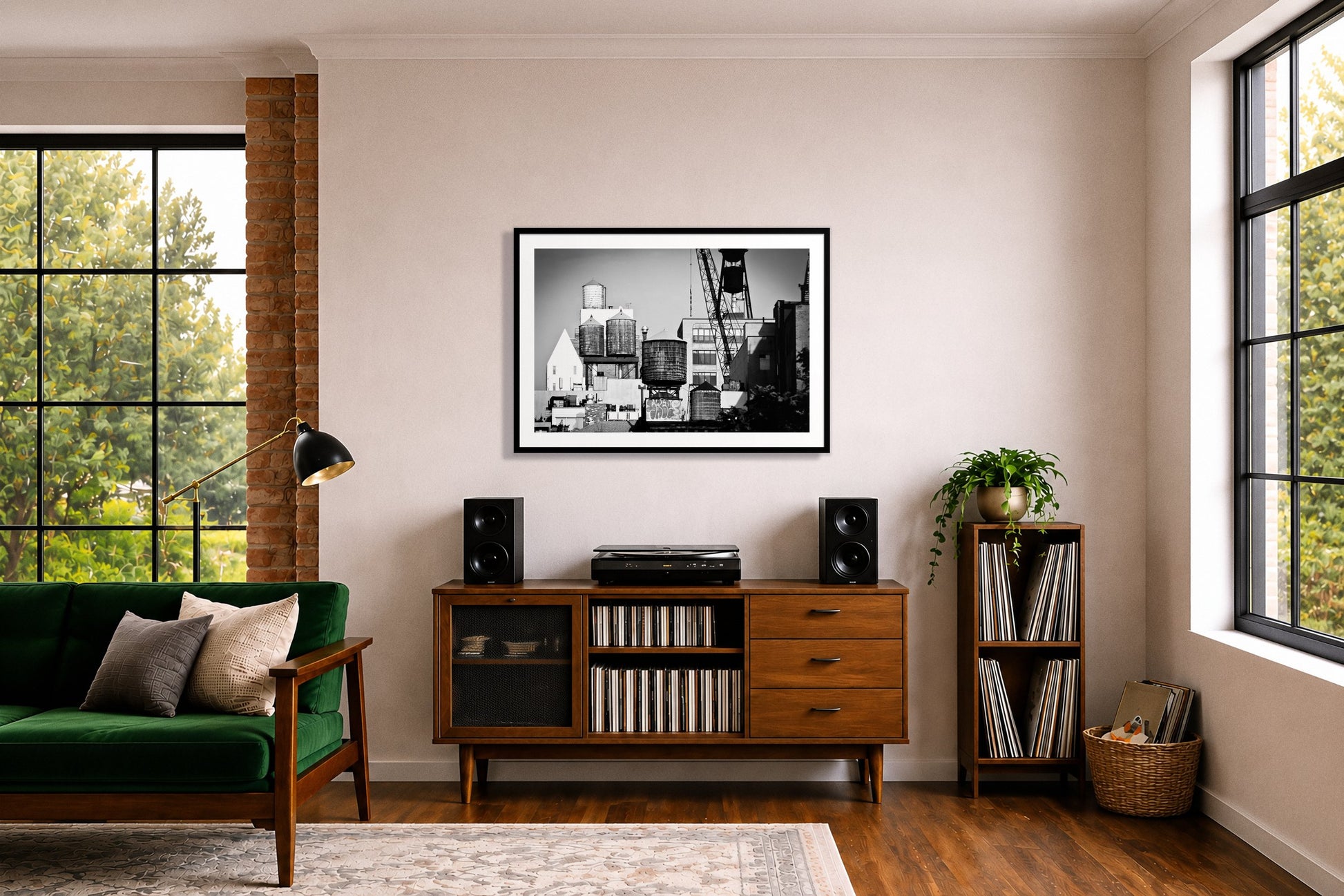 NYC by Dylan Ozanich in a Black frame, above a record credenza in a listening room with a green velvet sofa