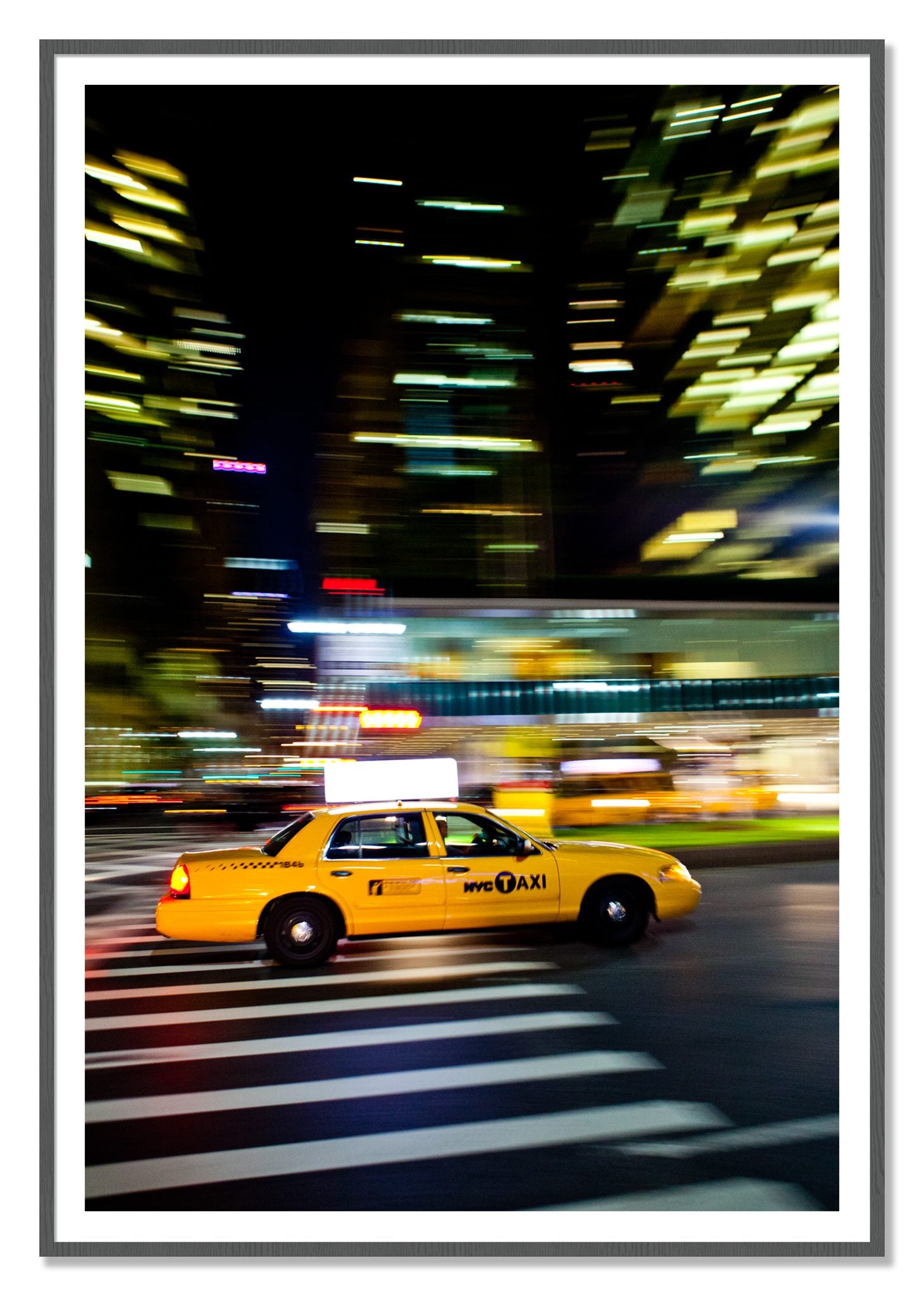 NYCTaxi by Dylan Ozanich, 48×72 print with a White Border in a Grey frame