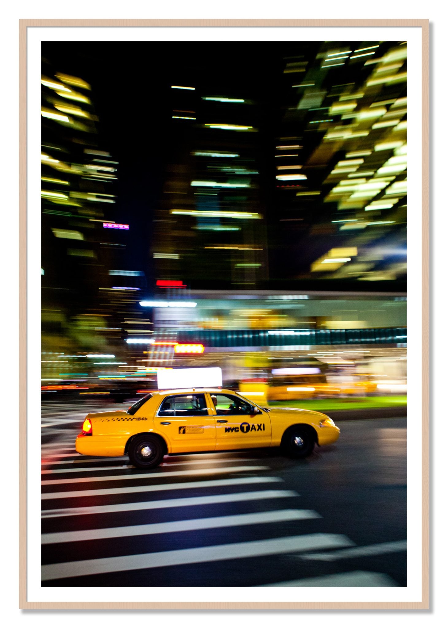 NYCTaxi by Dylan Ozanich, 48×72 print with a White Border in a Maple frame