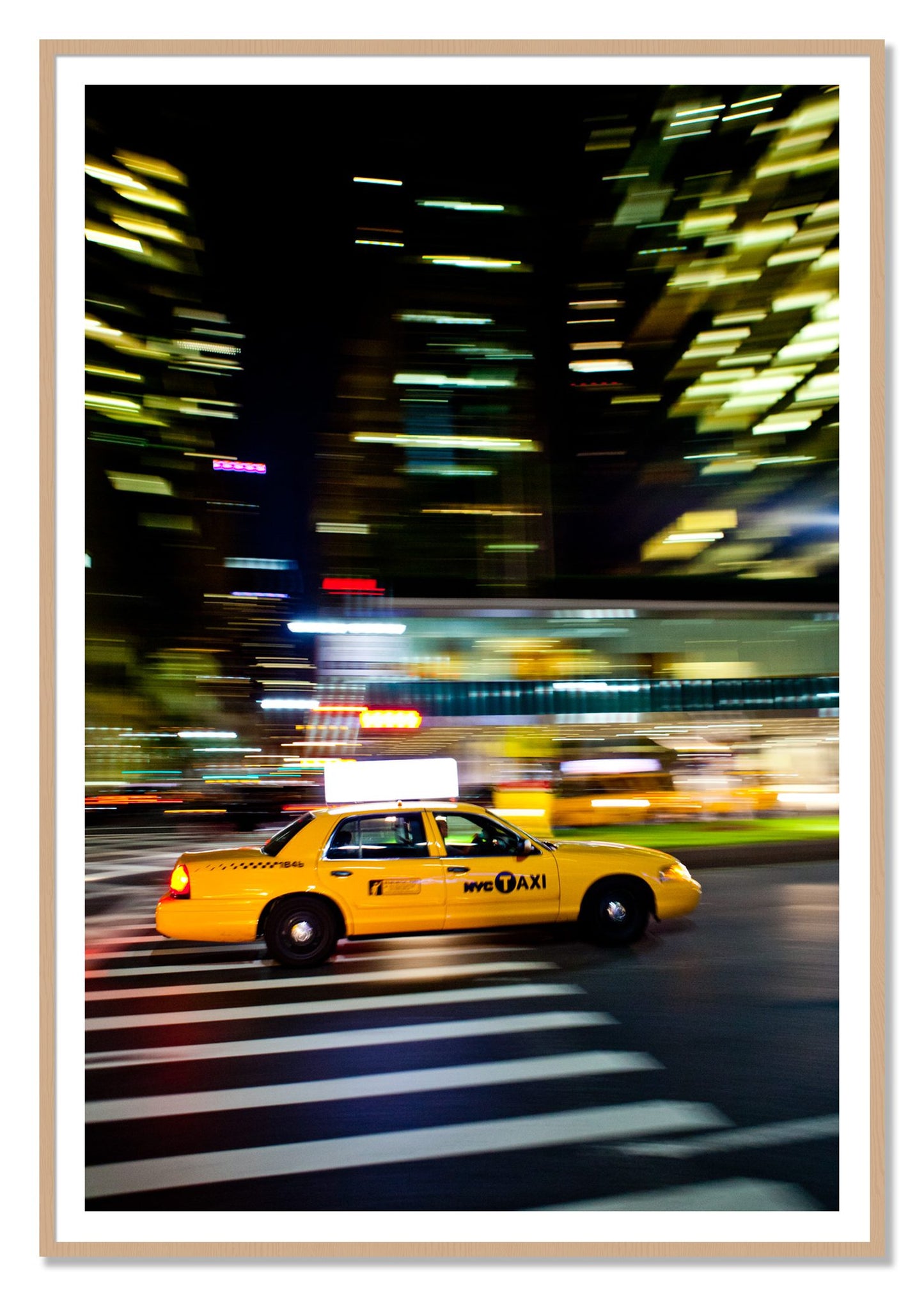 NYCTaxi by Dylan Ozanich, 48×72 print with a White Border in an Oak frame