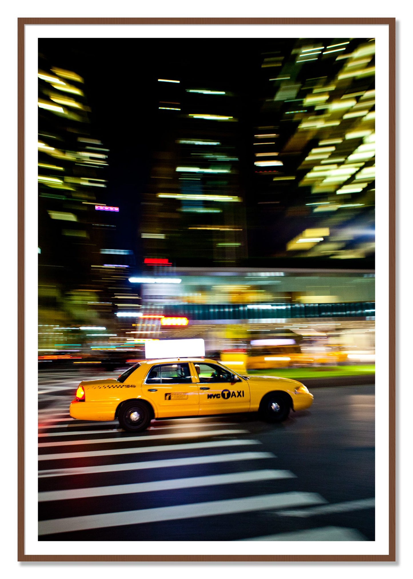NYCTaxi by Dylan Ozanich, 48×72 print with a White Border in a Walnut frame