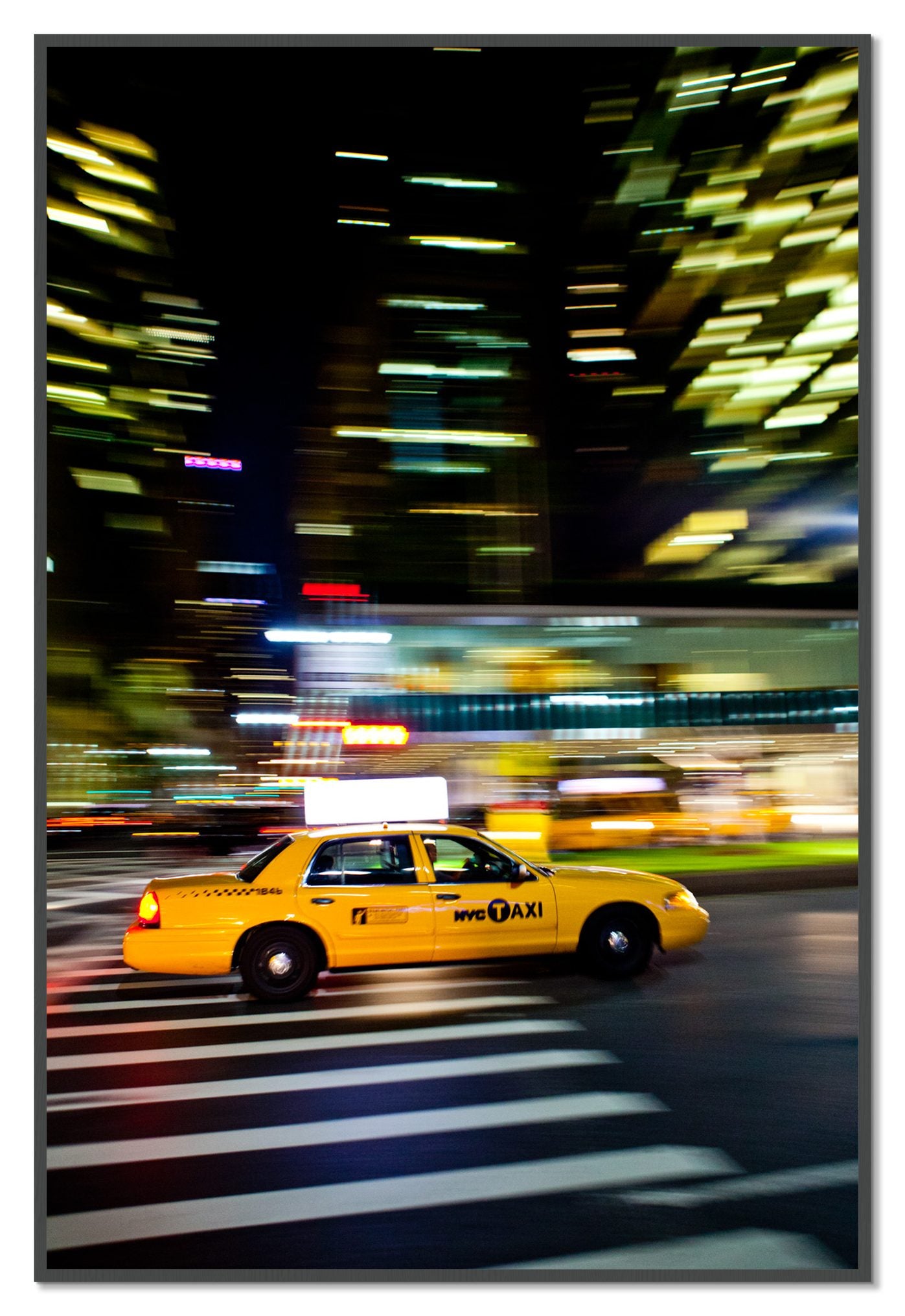 NYCTaxi by Dylan Ozanich, 48×72 Full Bleed Print in a Grey frame
