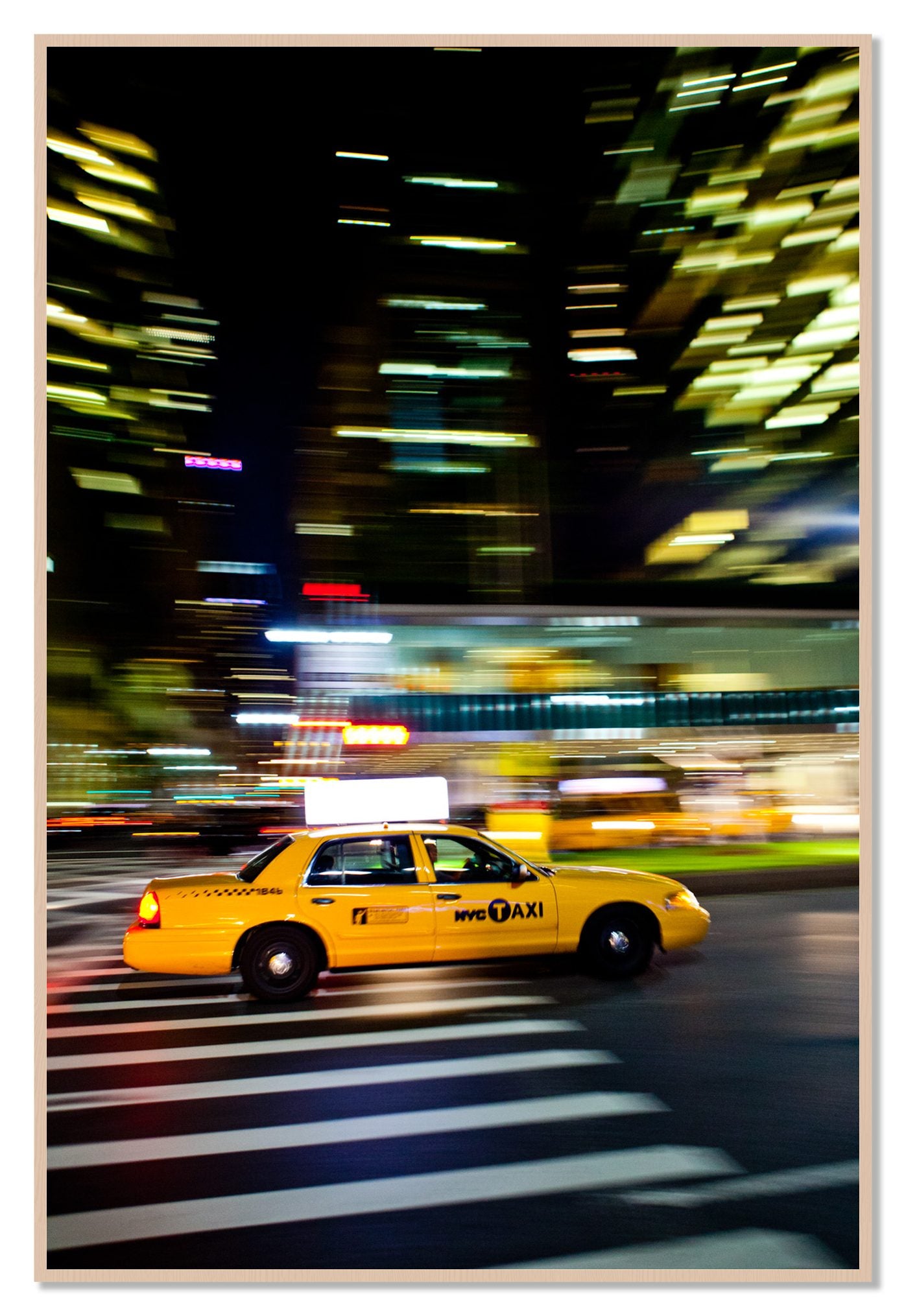 NYCTaxi by Dylan Ozanich, 48×72 Full Bleed Print in a Maple frame