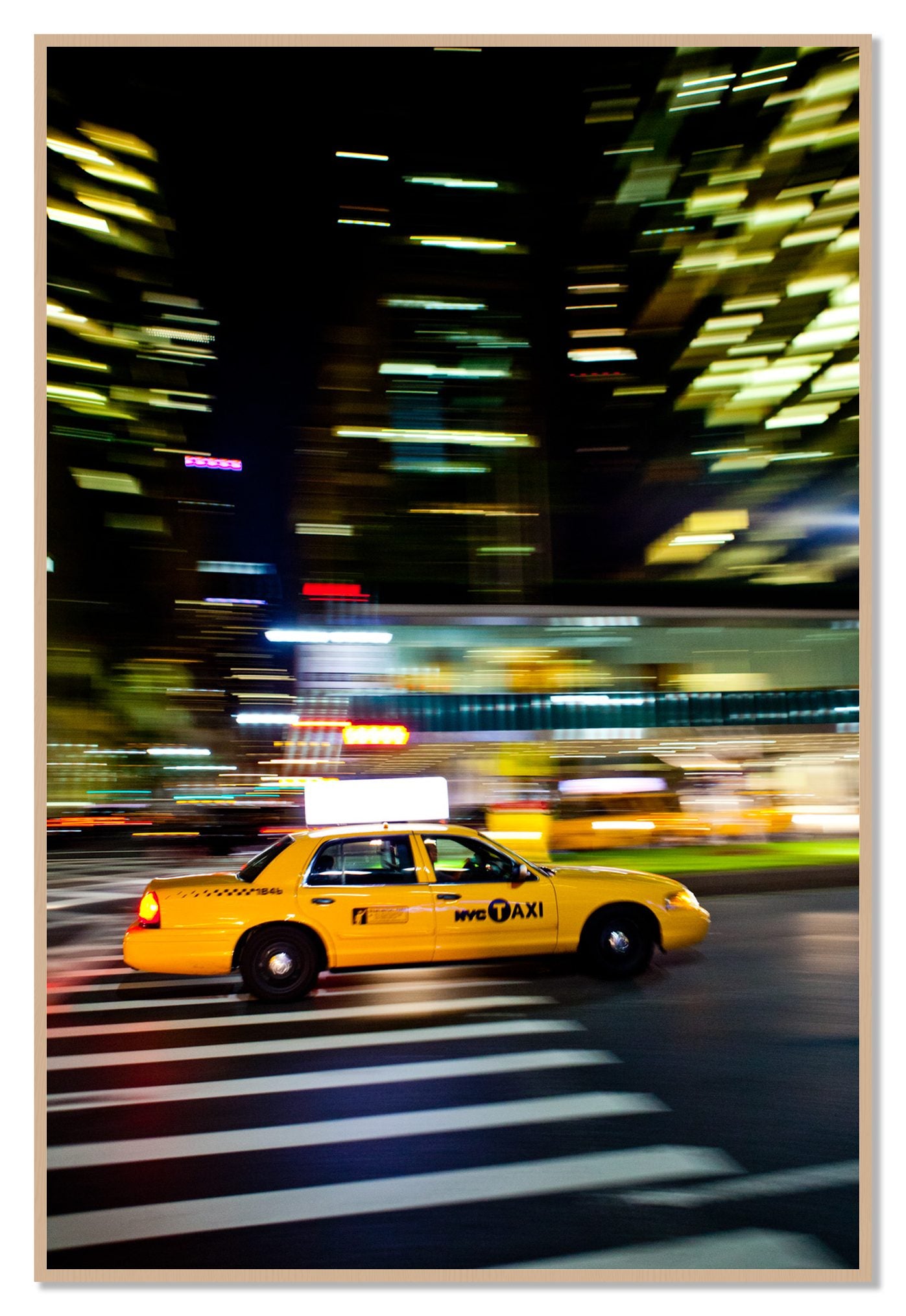 NYCTaxi by Dylan Ozanich, 48×72 Full Bleed Print in an Oak frame