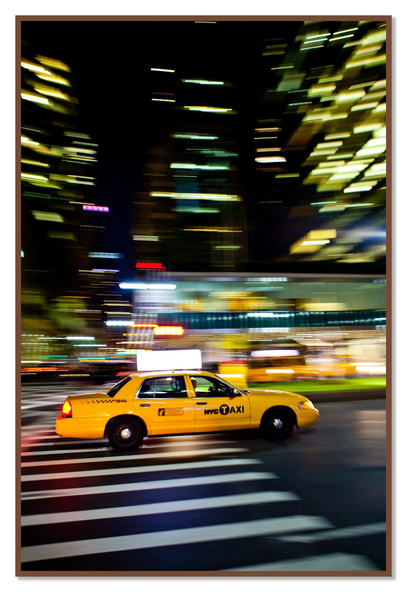NYCTaxi by Dylan Ozanich, 48×72 Full Bleed Print in a Walnut frame
