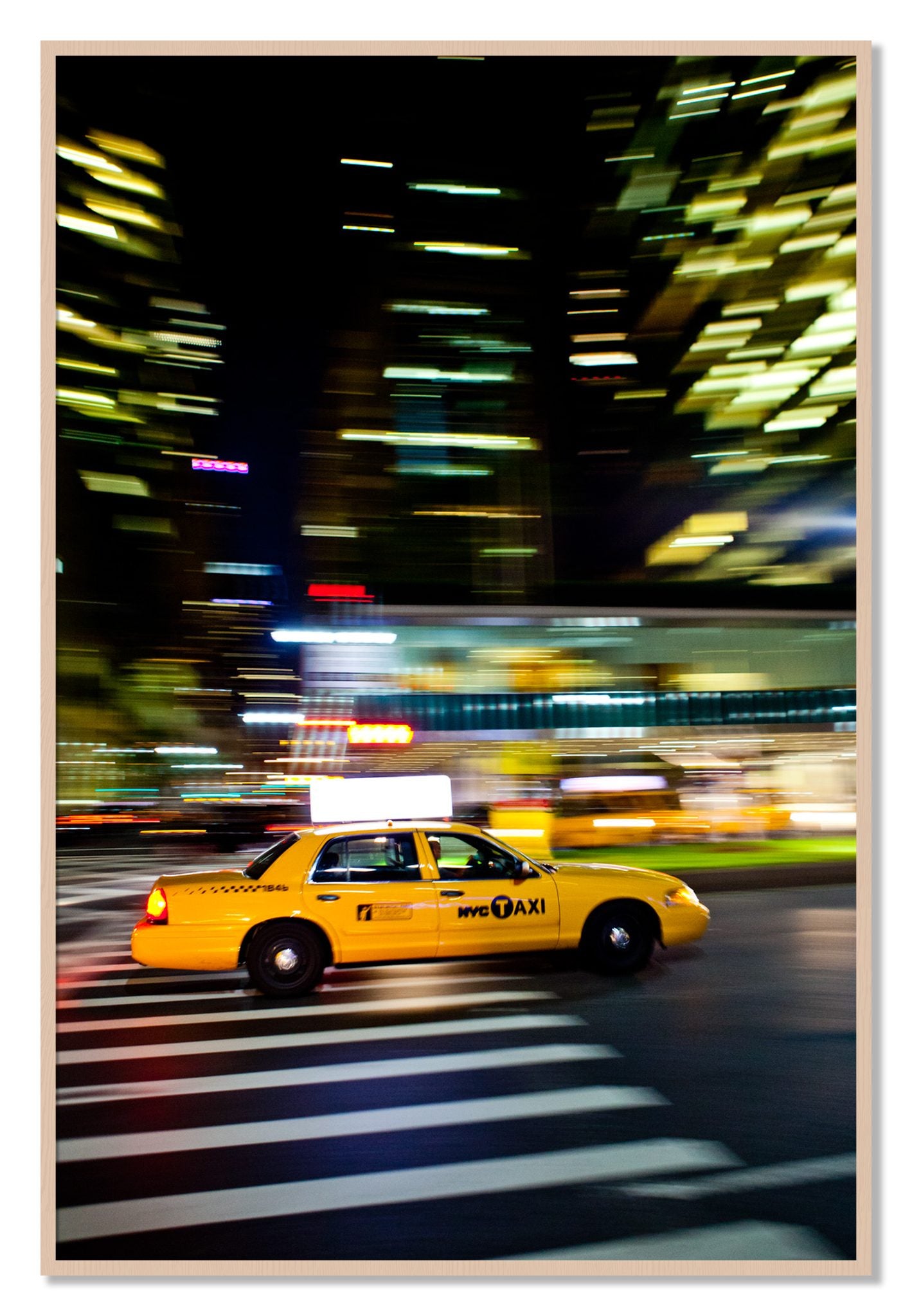 Framed photograph of NYCTaxi by Dylan Ozanich, Maple frame, Full Bleed