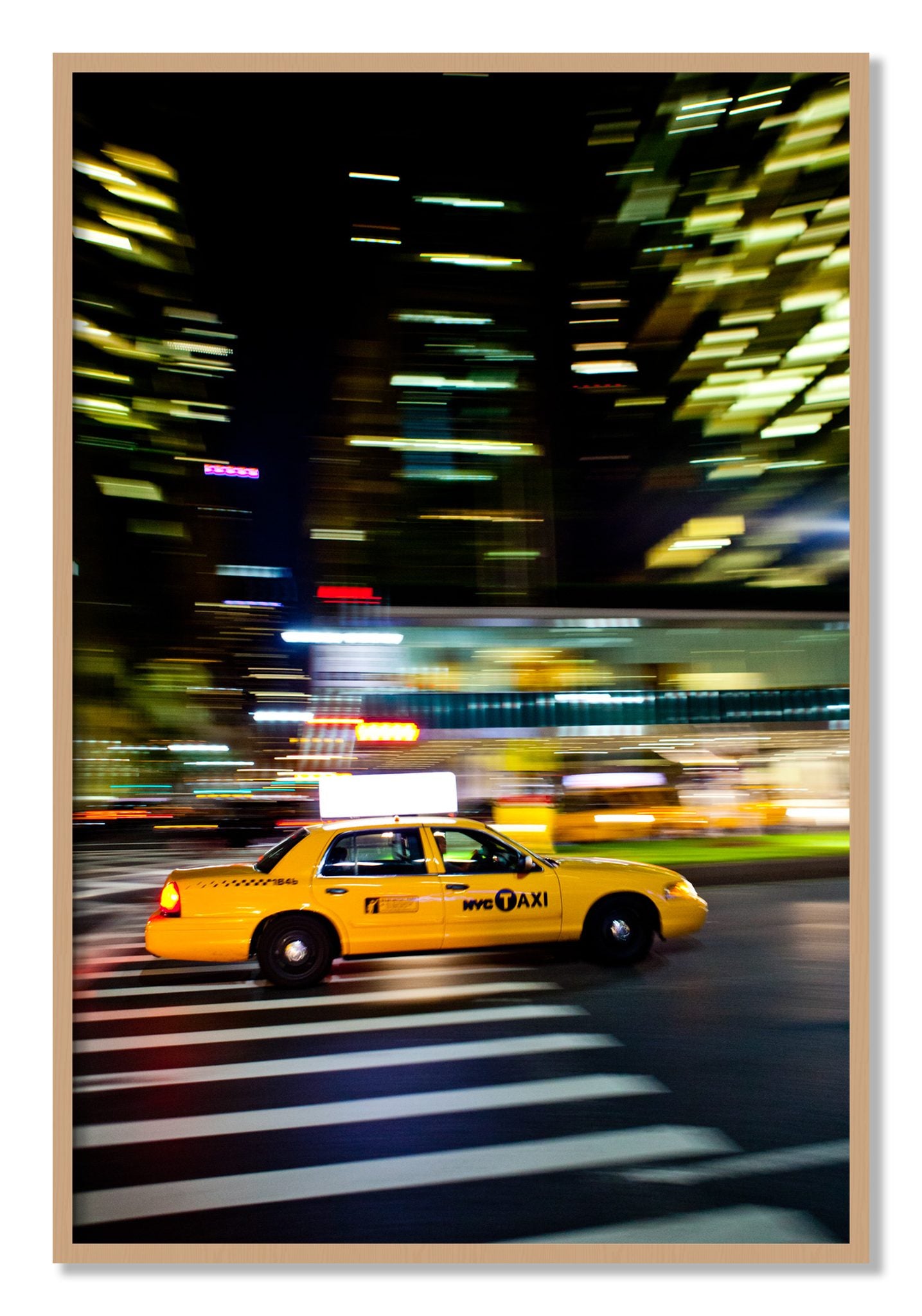 Framed photograph of NYCTaxi by Dylan Ozanich, Oak frame, Full Bleed