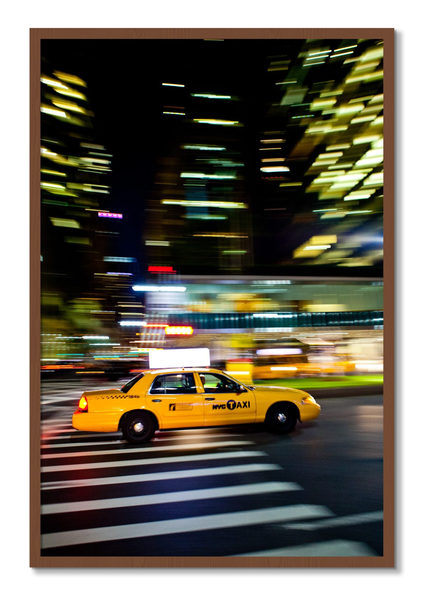 Framed photograph of NYCTaxi by Dylan Ozanich, Walnut frame, Full Bleed
