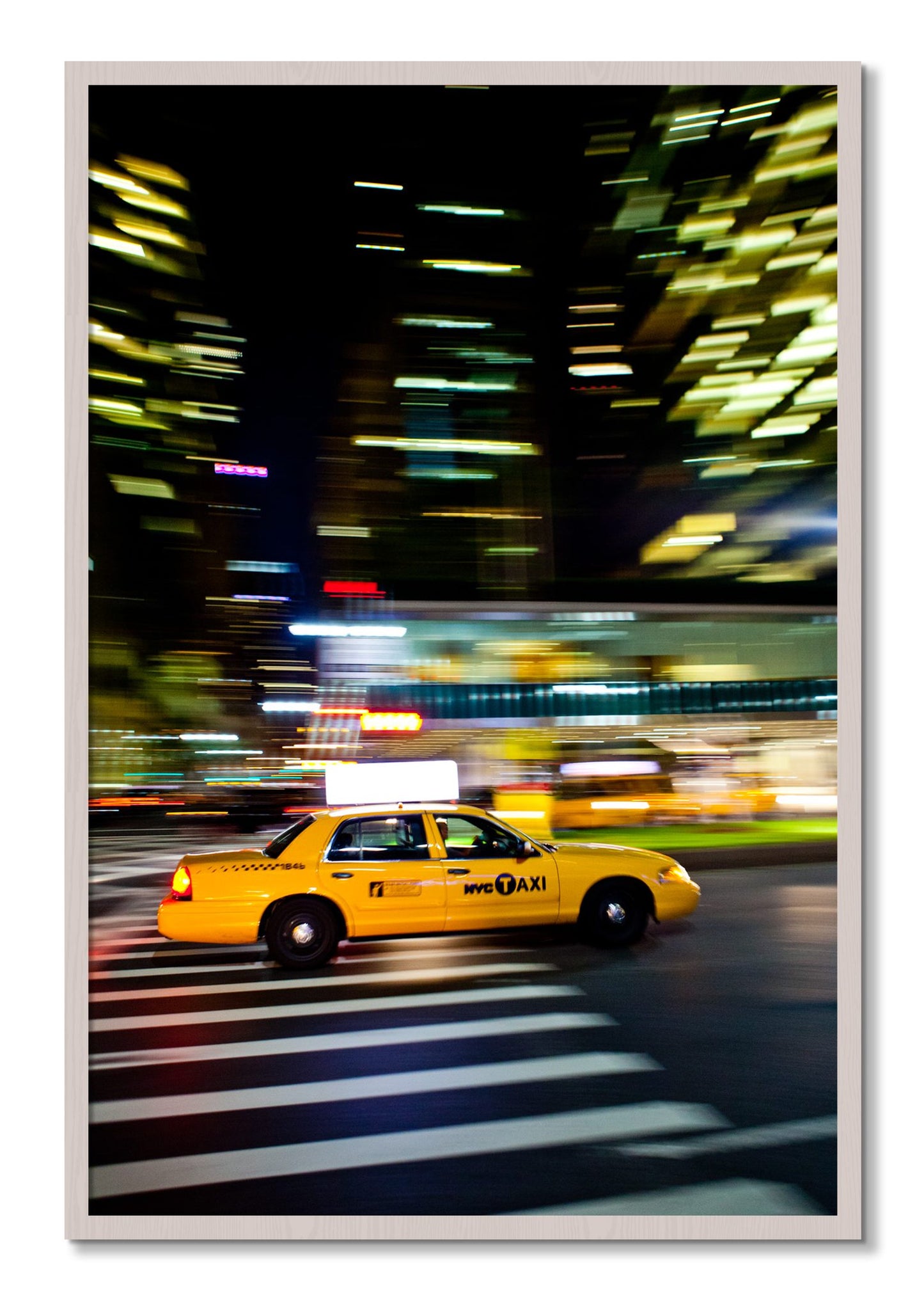 Framed photograph of NYCTaxi by Dylan Ozanich, White Maple frame, Full Bleed
