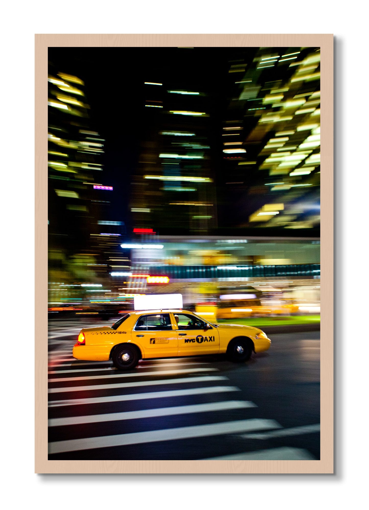Framed photograph of NYCTaxi by Dylan Ozanich, Maple frame, Full Bleed