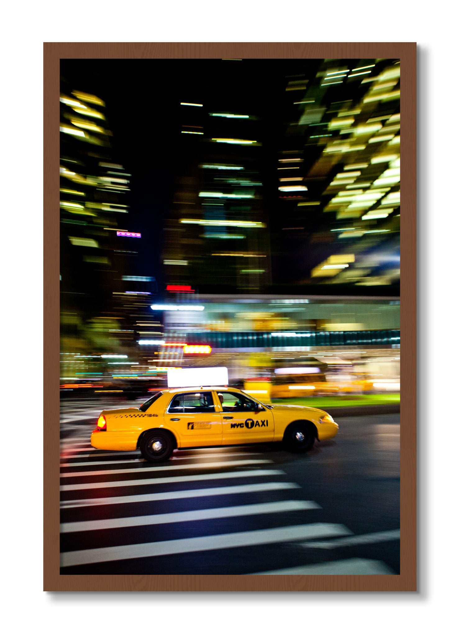 Framed photograph of NYCTaxi by Dylan Ozanich, Walnut frame, Full Bleed