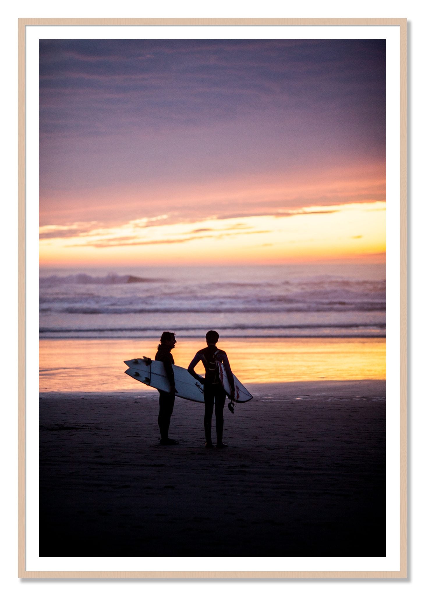 Ocean Beach Vibes by Dylan Ozanich, 48×72 print with a White Border in a Maple frame