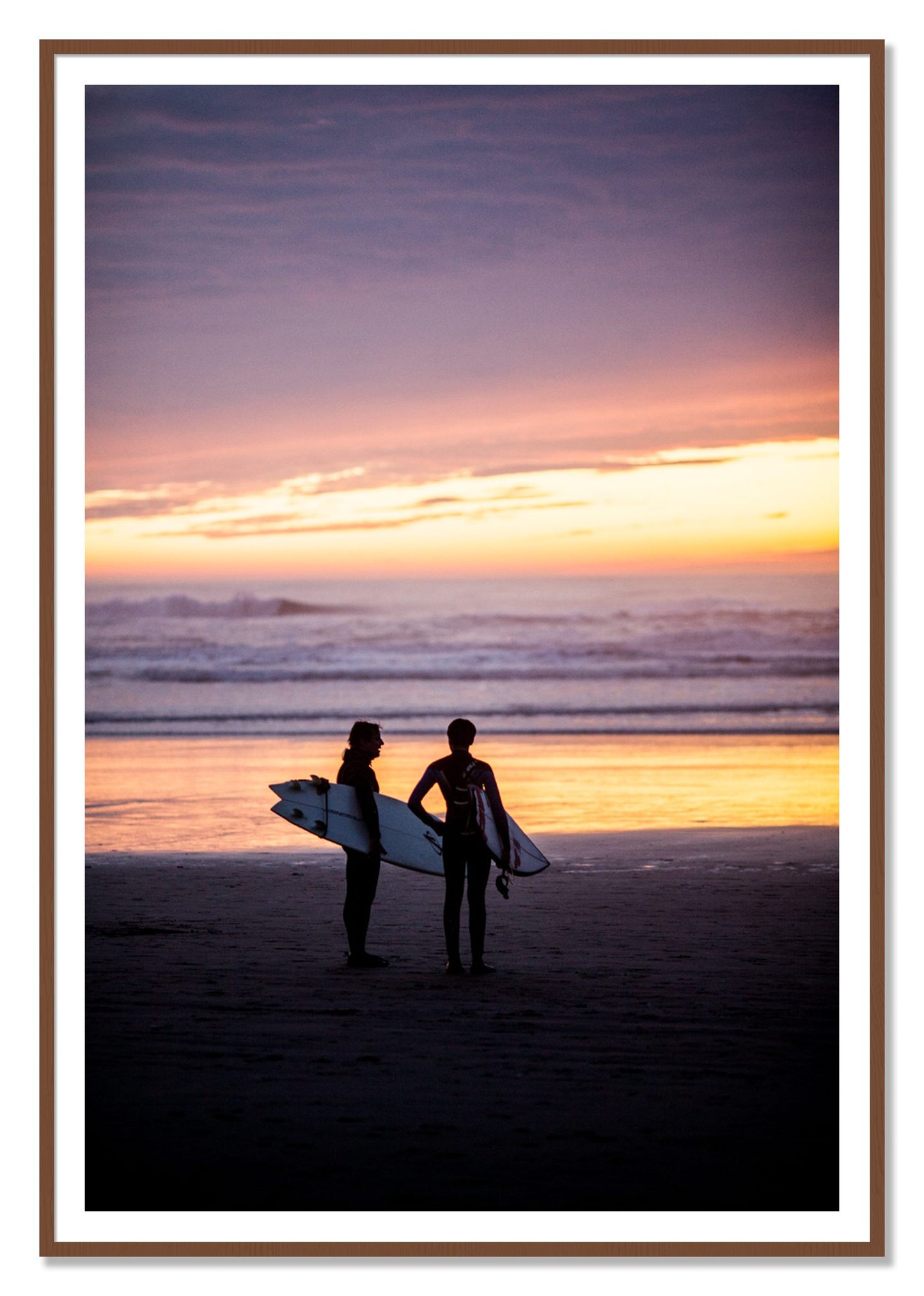 Ocean Beach Vibes by Dylan Ozanich, 48×72 print with a White Border in a Walnut frame