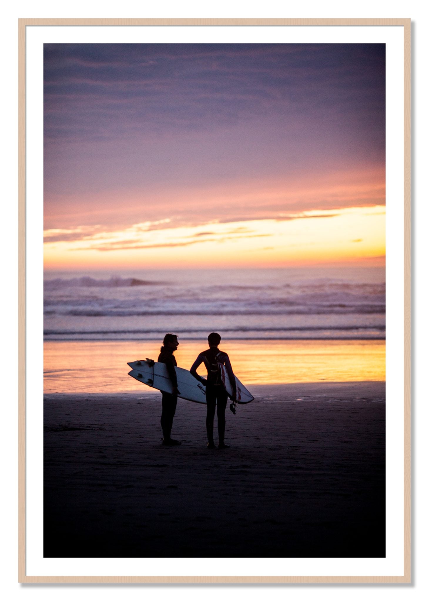 Framed photograph of Ocean Beach Vibes by Dylan Ozanich, Maple frame, Borders